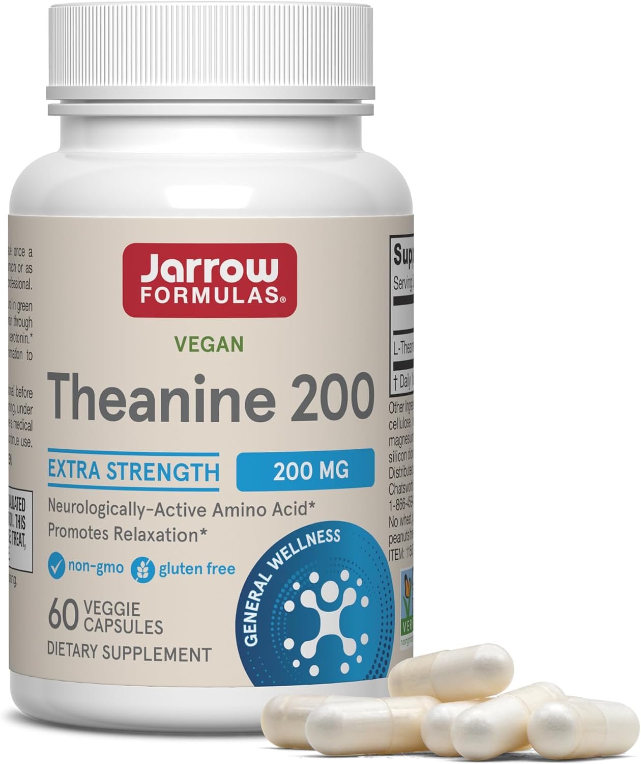 Jarrow L-Theanine Supplement 200 mg, Dietary Supplement, 60 Capsules