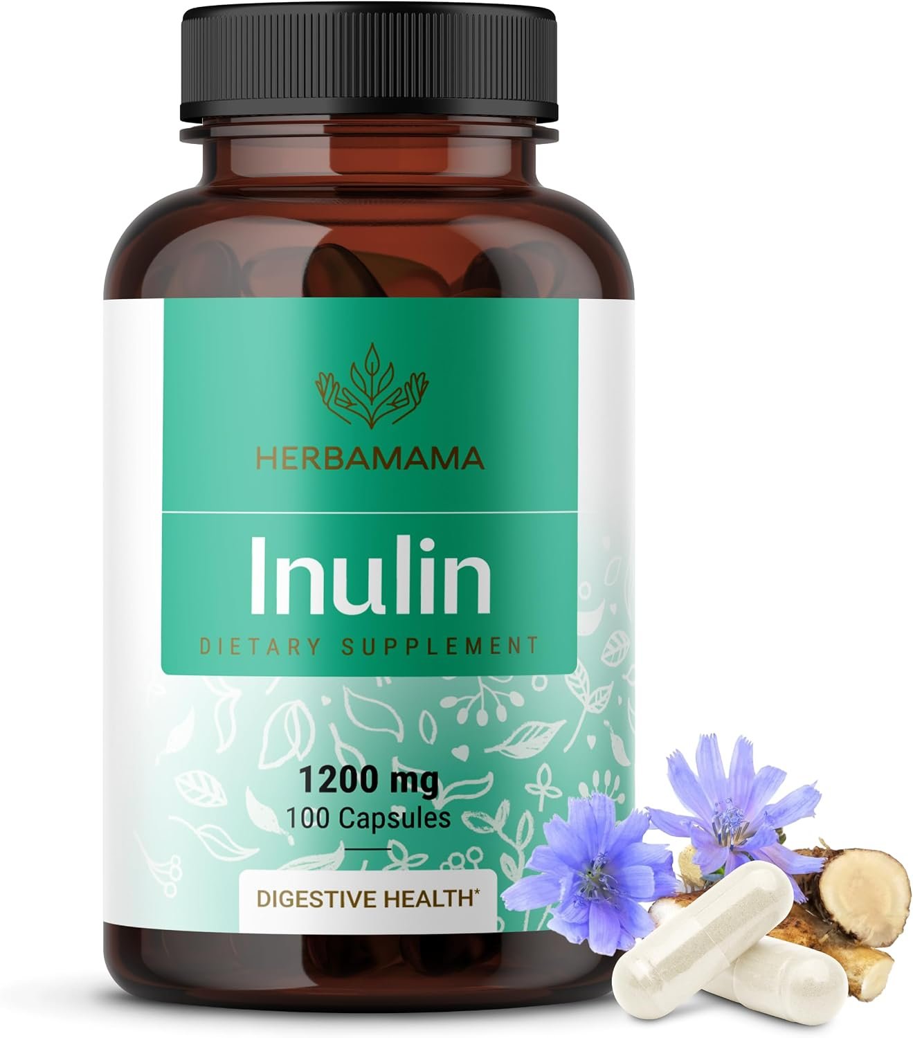 HERBAMAMA Inulin Powder Capsules 1200mg – Digestive Support & Gut Cleanse with Inulin Prebiotic Fiber – Vegan, Non-GMO Chicory Root Powder Supplement
