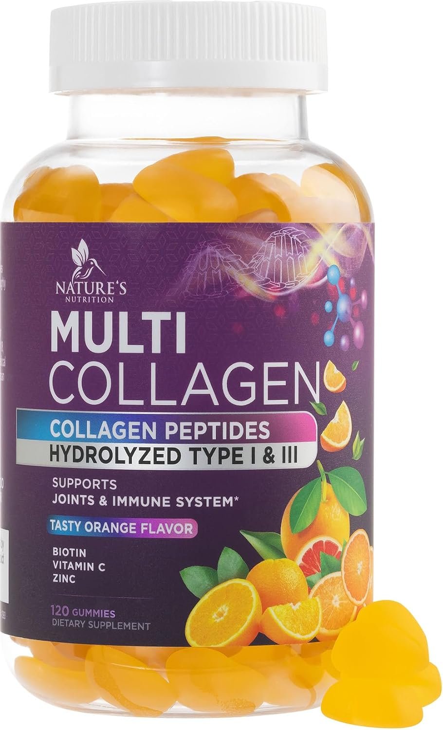 Collagen Gummies – Natural Hair Growth & Immune Support, Skin & Nails Supplement – With 2500mcg Biotin, Multi Collagen Hydrolyzed Peptides Type 1 & 3, Vitamin C & Zinc, Orange Flavor – 120 Gummies