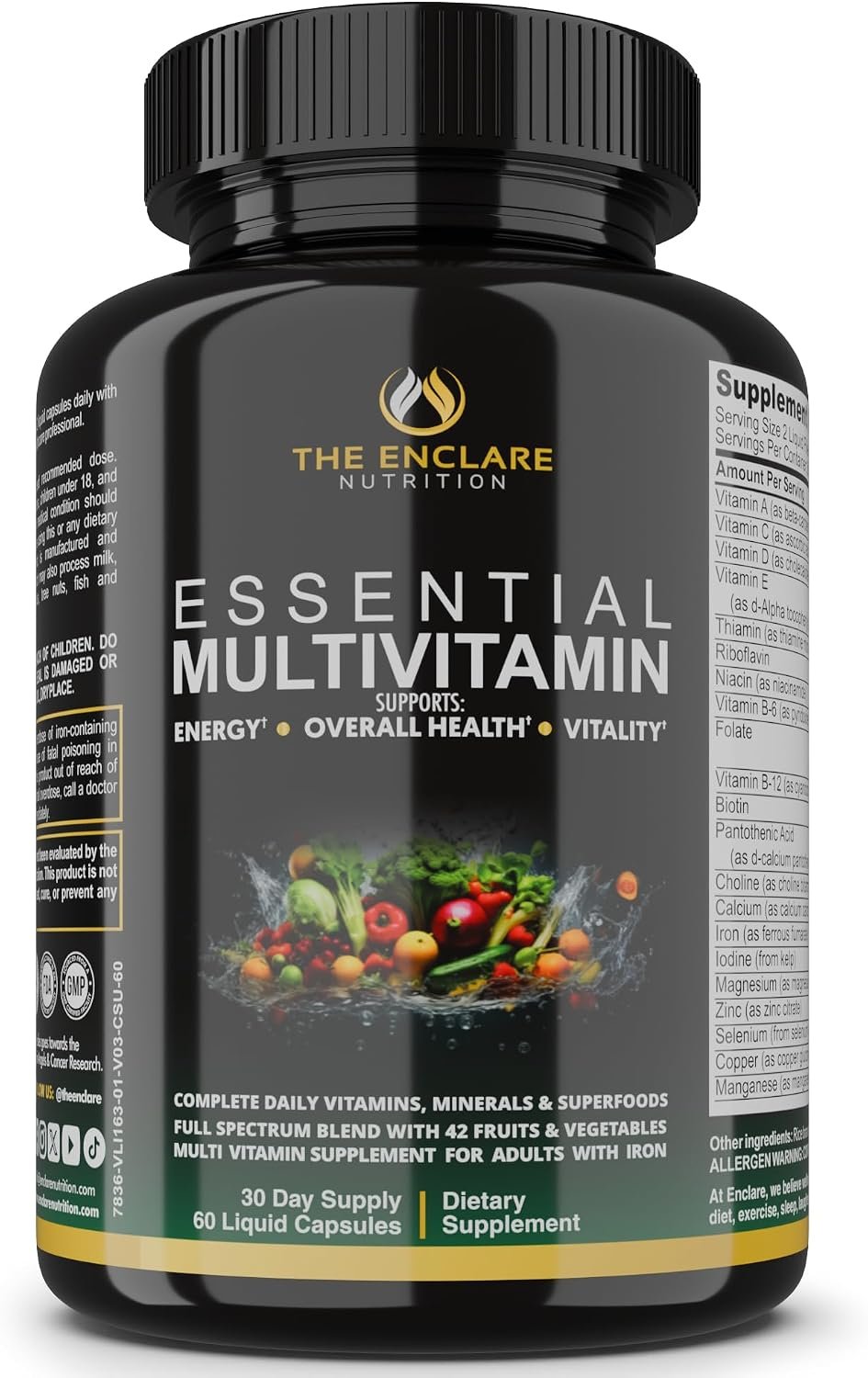 Essential Multivitamin for Women & Men – Complete Daily Multi Vitamin with Vitamin D, C, B12 & B Vitamins + Minerals, Folic Acid, Iron, Zinc – 42 Fruit & Vegetable Superfood Blend – 60 Liquid Capsules