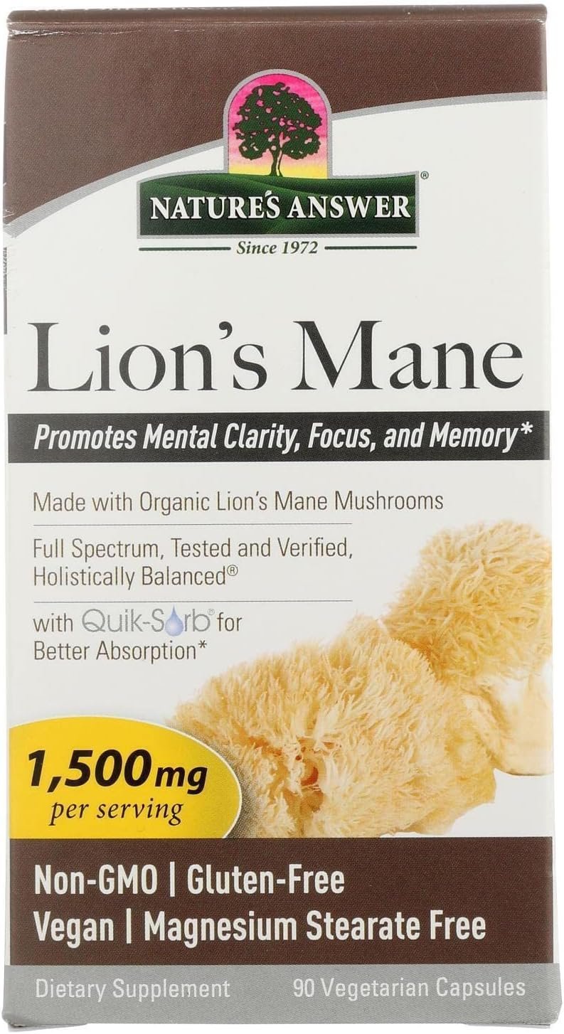 Nature’s Answer Lion’s Mane Mushroom Powder 1500 mg, 90 Capsules – Brain Mushroom Supplement – Promotes Focus, Memory, Mental Clarity – Vegan, Non-GMO