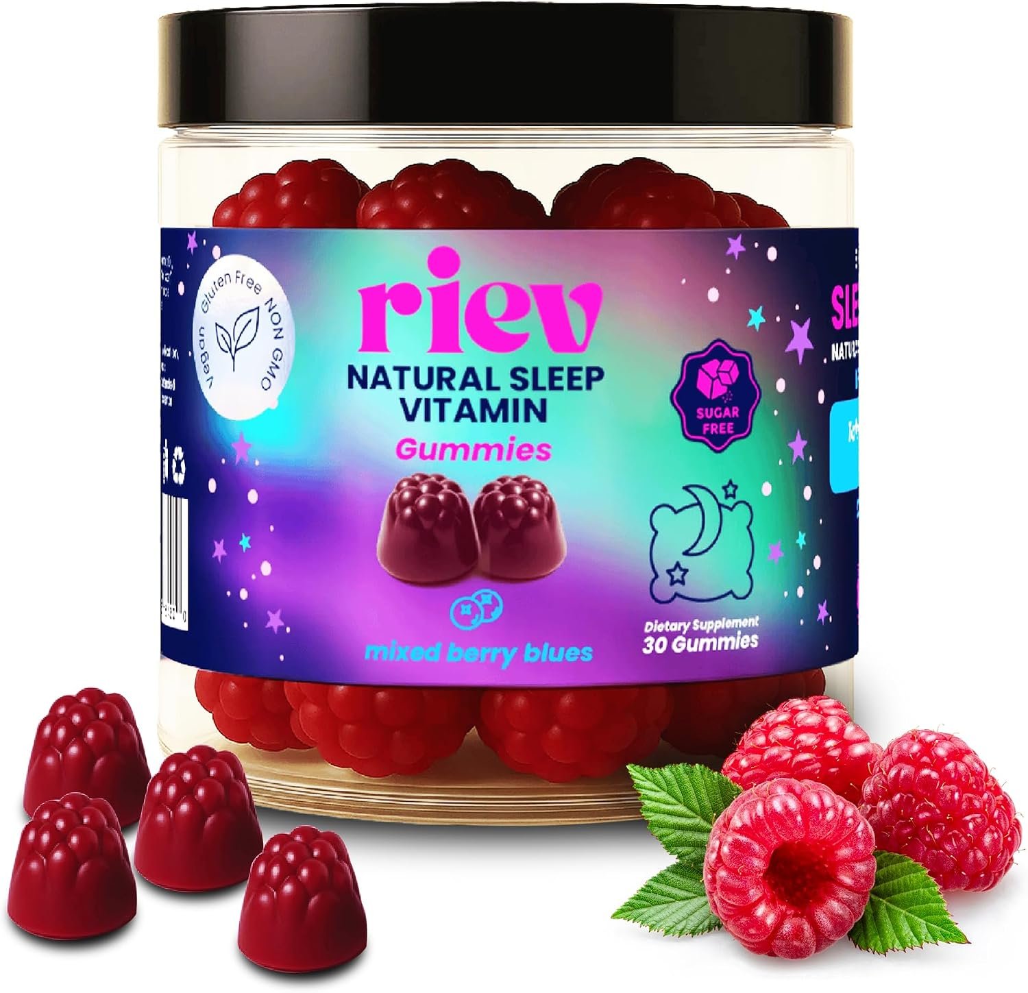 Reiv Natural Sleep Vitamin Gummies – 6mg Melatonin with L-Theanine, ZInc & Lemon Balm – Vegan, Sugar-Free, Gluten-Free – Natural Nighttime Relaxation – Mixed Berry Flavor – 30 Count