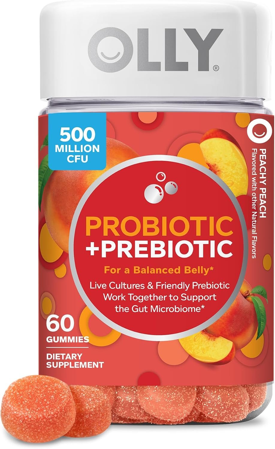 OLLY Probiotic + Prebiotic Gummy, 500 million CFUs, Peachy Peach – 60 Count