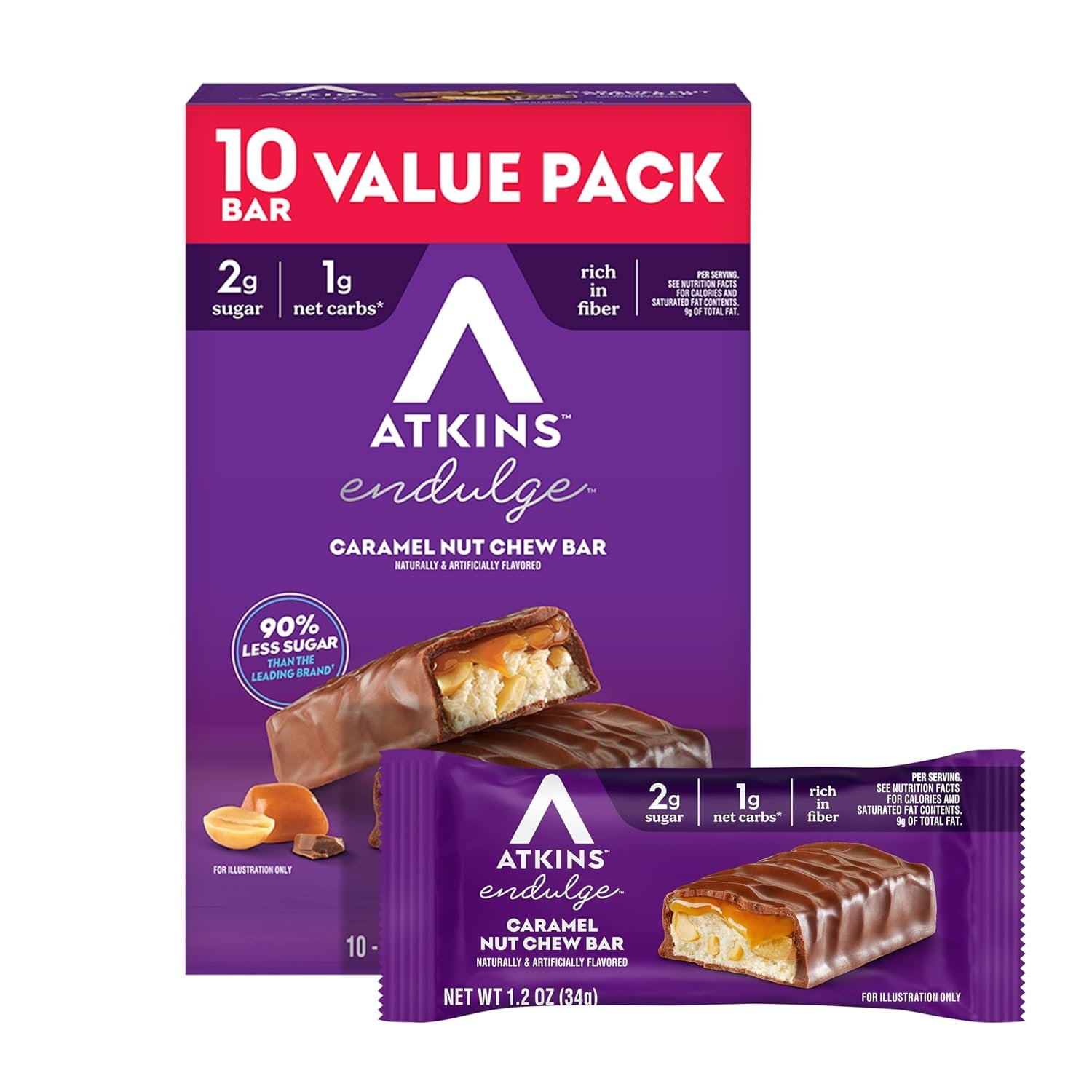 Atkins Endulge Caramel Nut Chew Bar, 2g Sugar, 10 Count