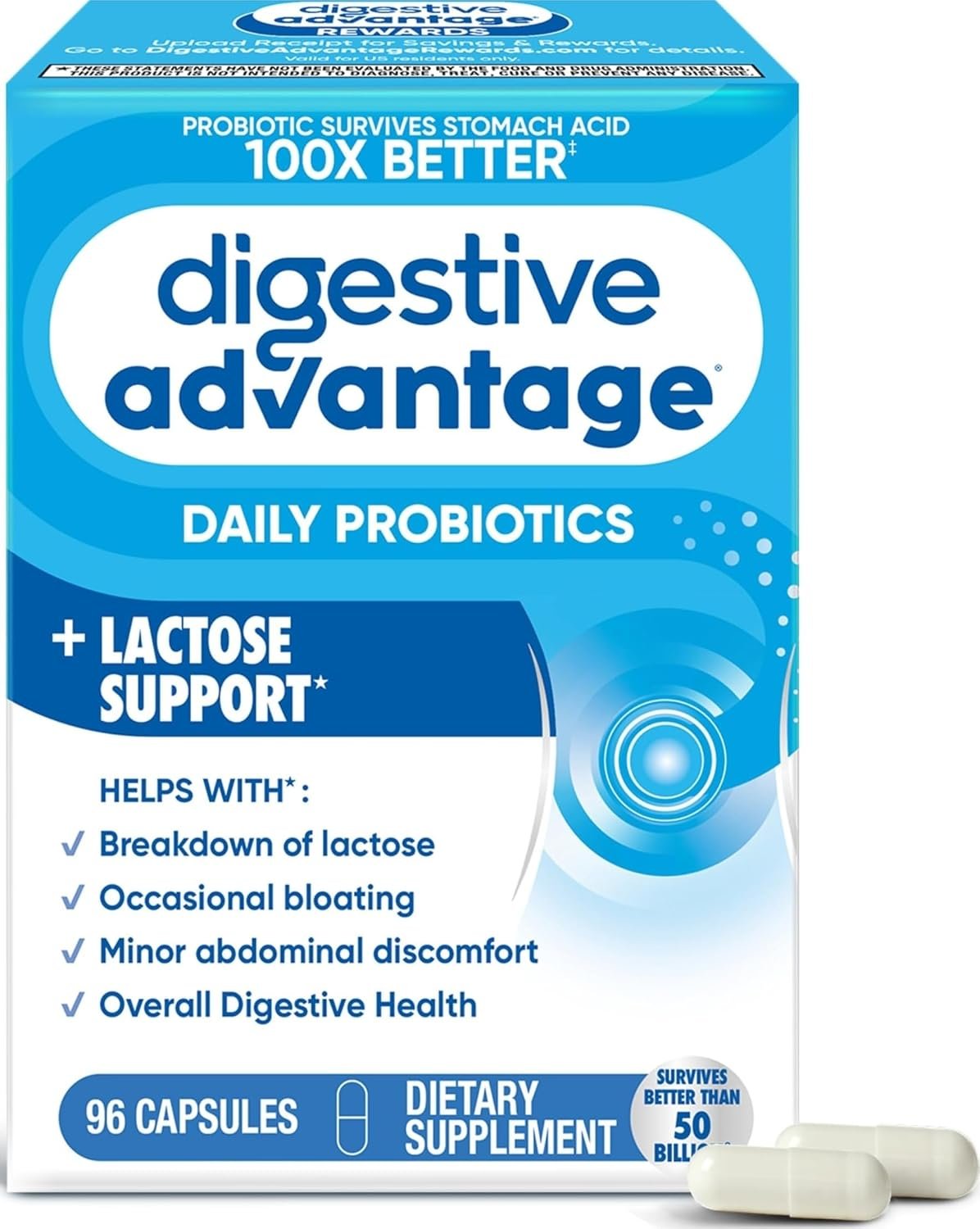 Digestive Advantage Probiotics + Lactase Digestive Enzymes For Digestive Health, Daily Probiotics For Women Men Occasional Bloating, Lactose Breakdown, Minor Abdominal Discomfort, Immune Support, 96ct
