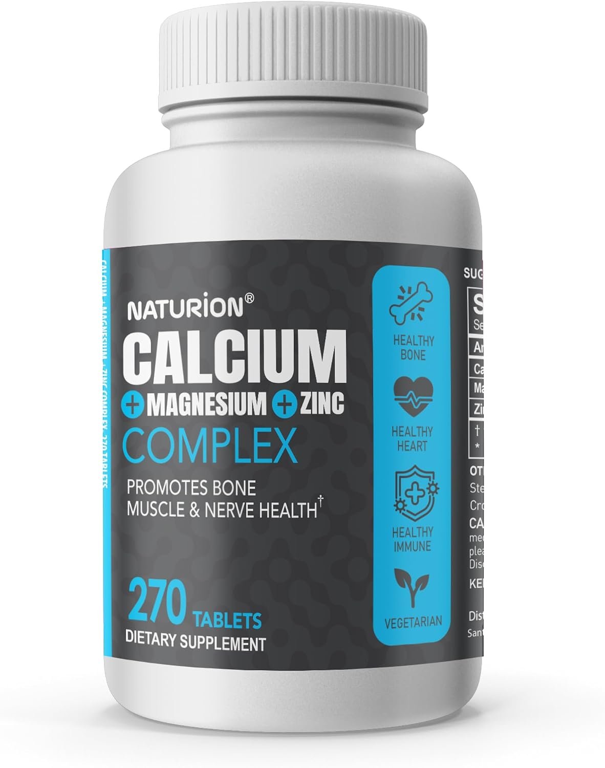 Calcium Magnesium Zinc Supplement – 3-in-1 Complex with 1000mg Calcium, 500mg Magnesium, 10mg Zinc – Bone, Muscle & Immune Support – 270 Tablets, 90 Day Supply