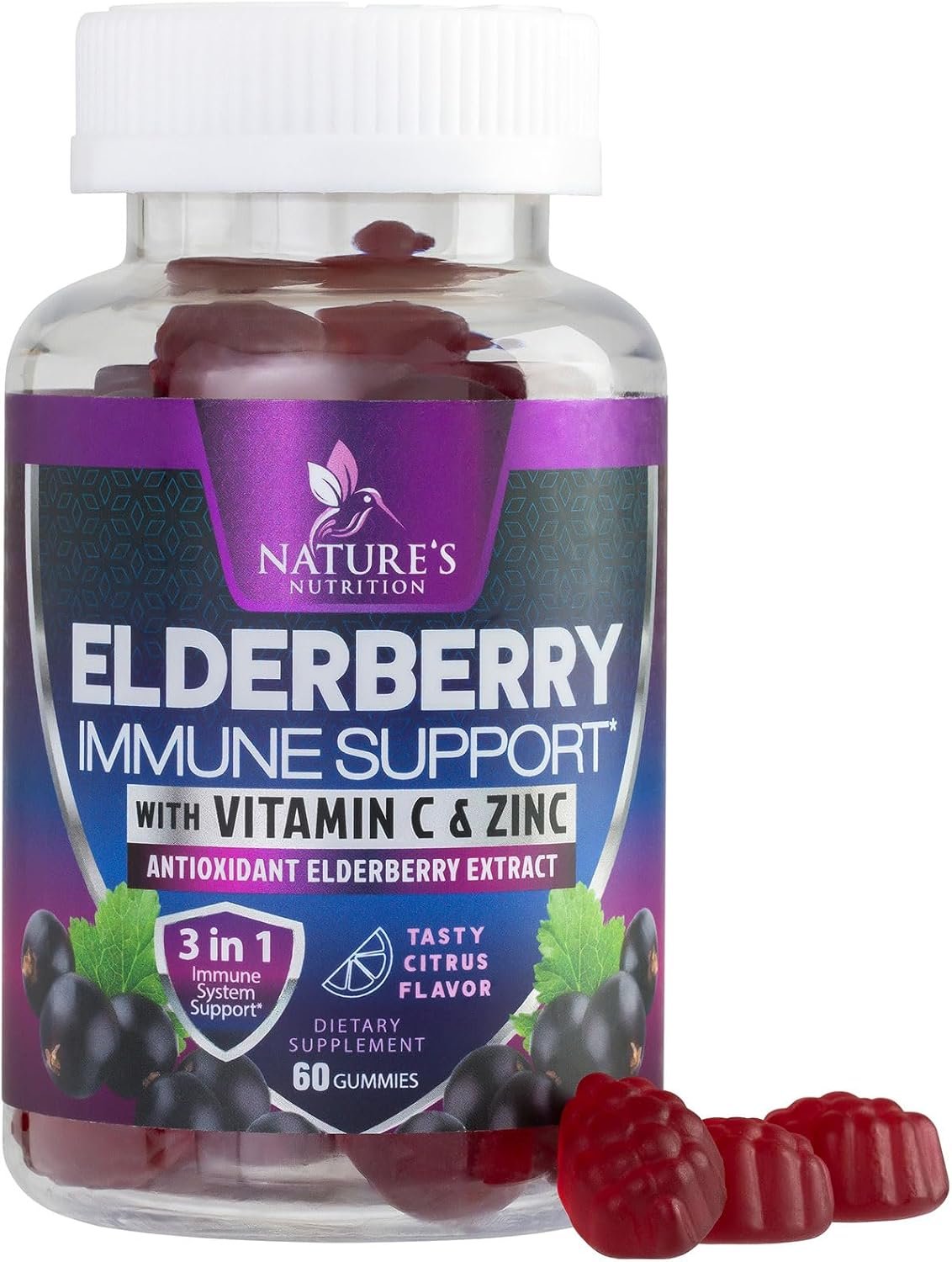Elderberry Immune Support Gummies 100mg – 3X Strength Sambucus Elderberry Gummy with Vitamin C, D3 & Zinc – Natures Black Elderberry Extract, Immune Support Supplement for Adults & Kids – 60 Gummies