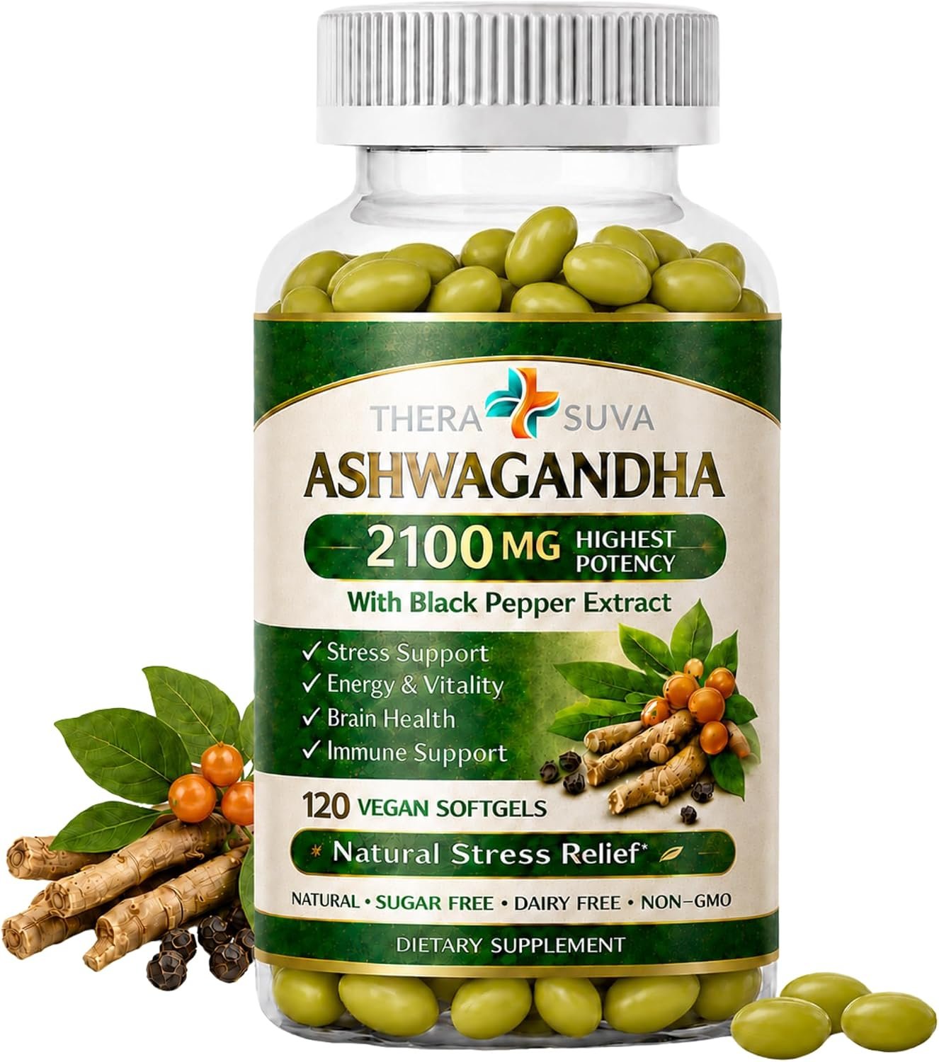 TheraSuva High Potency Ashwagandha 2100mg Supplement, 120 Veggie Softgels