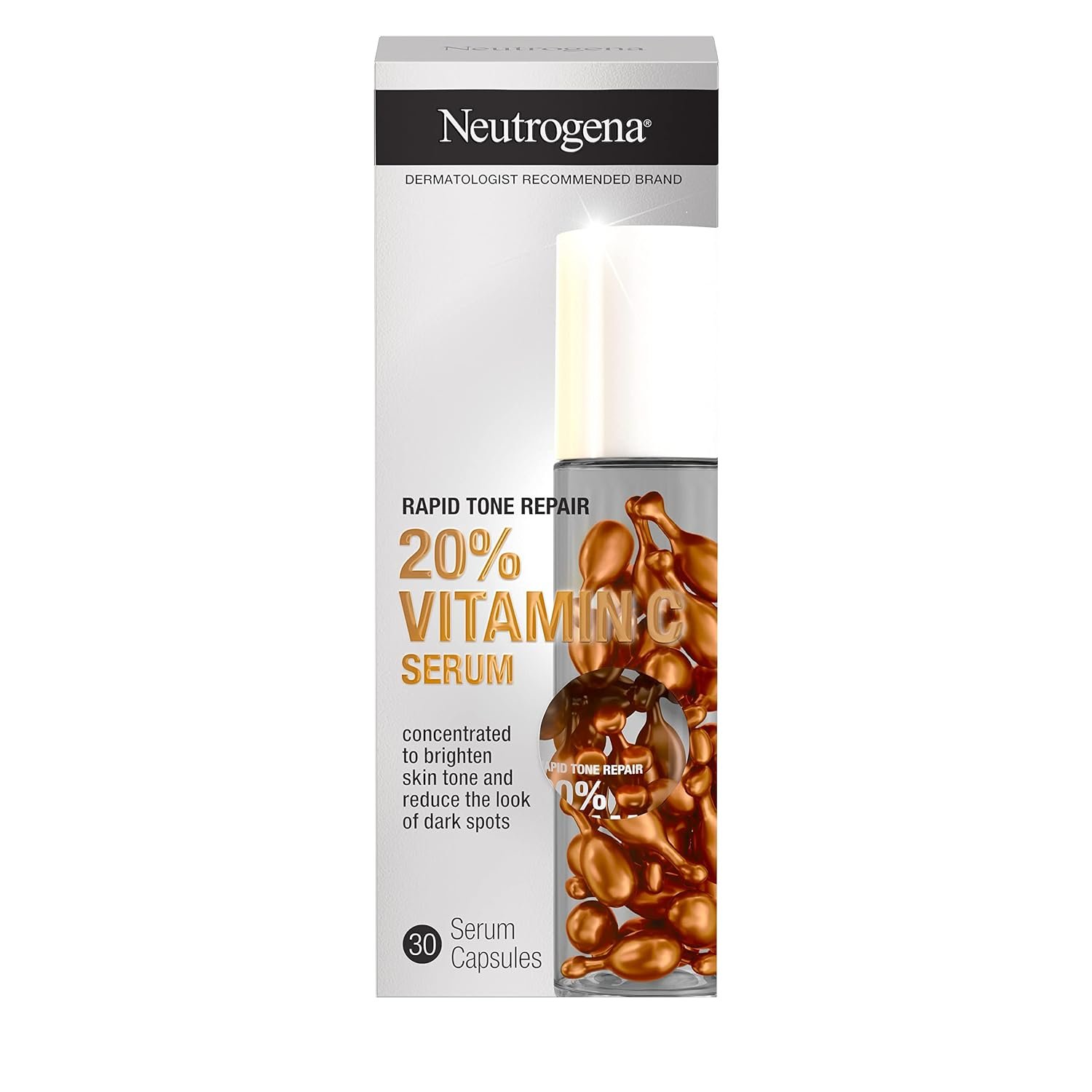 Neutrogena Rapid Tone Repair 20% Vitamin C Brightening Serum Capsules, Antioxidant Face Serum to Brighten Look of Dark Spots & Even Skin Tone, Oil-Free, 30 Serum Capsules