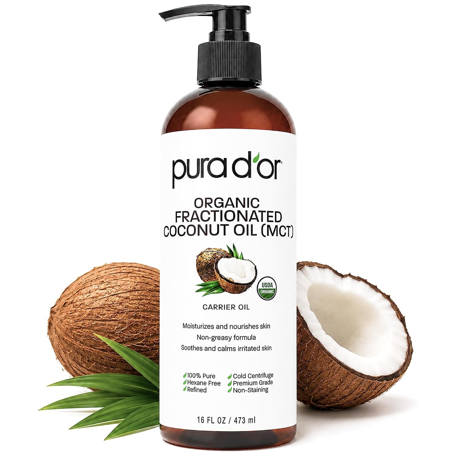 PURA D’OR ORGANIC Fractionated Coconut Oil MCT Skin Hair Massage, 16oz