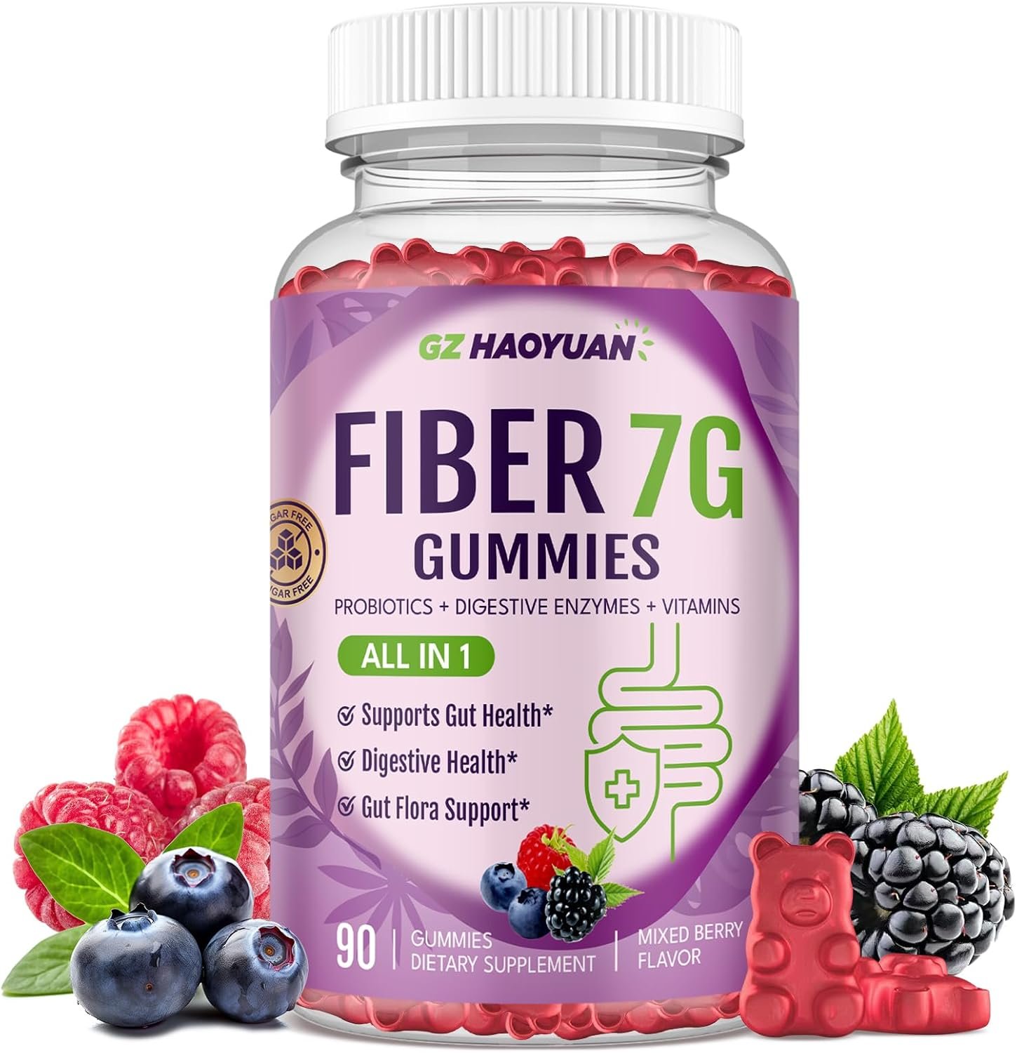 Fiber Gummies for Adults – Sugar Free Fiber Supplement 7g All in 1, Probiotic 60 Billion CFU & Prebiotic with Digestive Enzymes, Inulin, Psyllium, Vitamin, Support for Gut & Digestive Health, 90 Ct