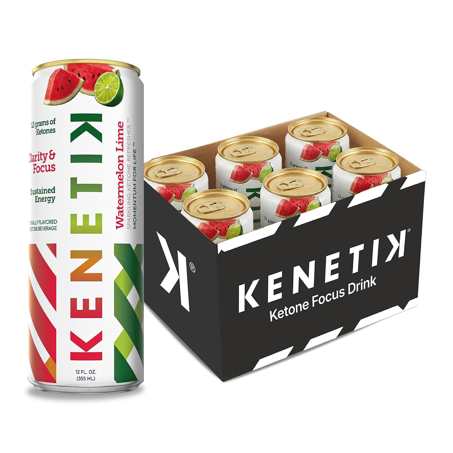 Kenetik Ketone Focus Drink – Plant-Based D-BHB Bioidentical Ketones for Caffeine-Free Focus & Steady Mental Clarity – Zero Sugar, Nootropic Brain Fuel – 12oz Cans (6-Pack), Watermelon Lime
