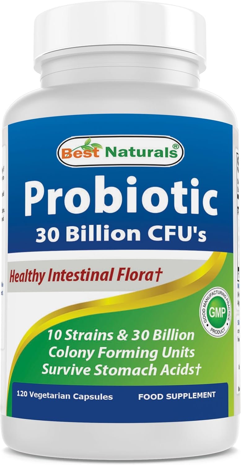 Best Naturals Probiotic 10 Strains & 30 Billion CFU Intestinal Flora, 120 Veggie Capsules – Shelf Stable probiotic (4146365)