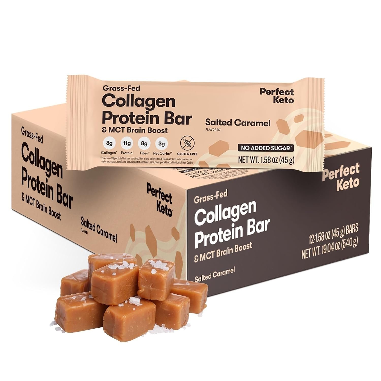Perfect Keto Collagen Protein Bars, Salted Caramel | 12 Pack