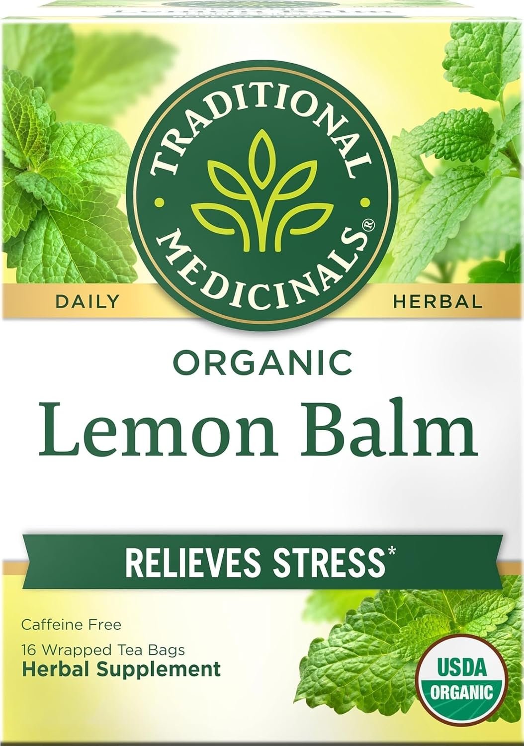 Traditional Medicinals Organic, Lemon Balm – Supports Stress Relief & Digestive Health – Kosher, Non-GMO, Caffeine-Free, Compostable – 16 Tea Bags