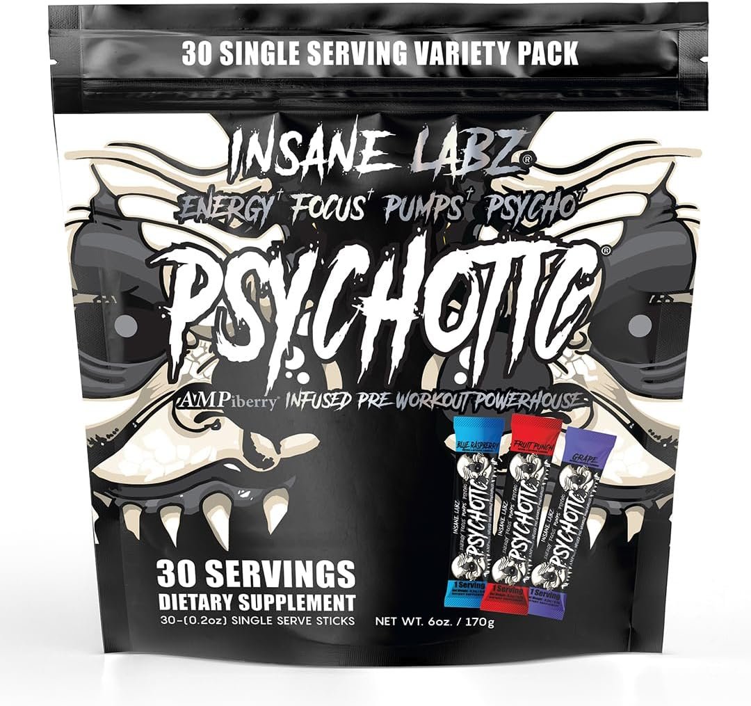 Insane Labz Psychotic Black Edition Mid Stimulant Pre Workout Powder, Energy Focus Pumps, Loaded with Creatine Beta Alanine Taurine Fueled by AMPiberry, Variety 30 Servings