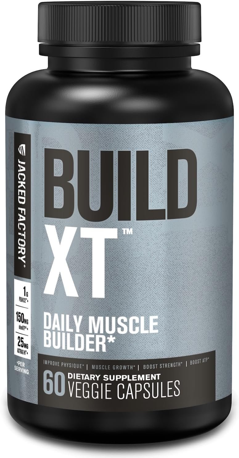 Jacked Factory Build-XT Daily Muscle Builder & Performance Enhancer – Muscle Building Supplement for Muscular Strength & Growth | Trademarked Ingredients Peak02, ElevATP, & Astragin – 60 Veggie Pills