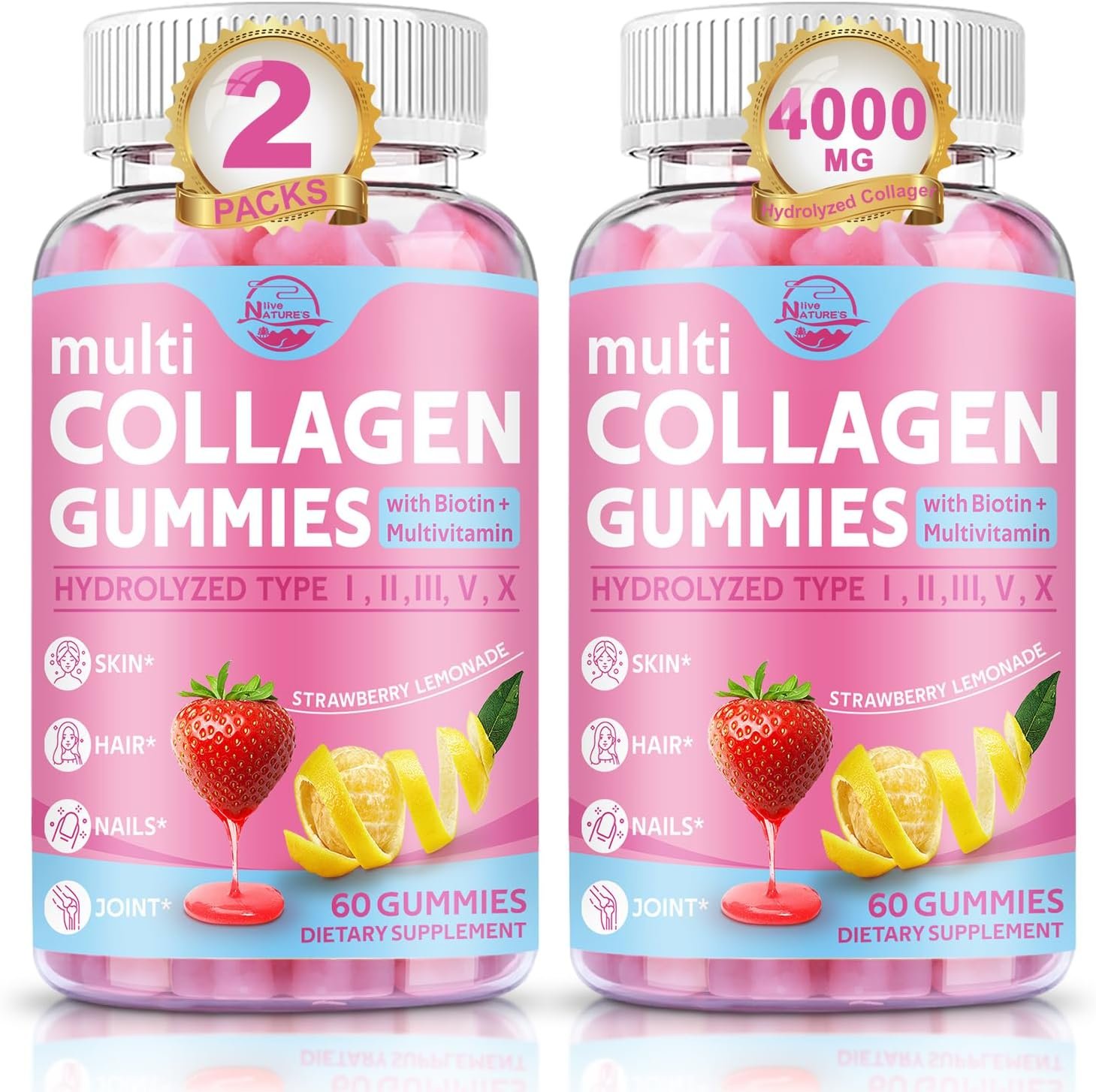 Nature’s live Multi Collagen Peptides Gummies, Type I, II, III, V, X