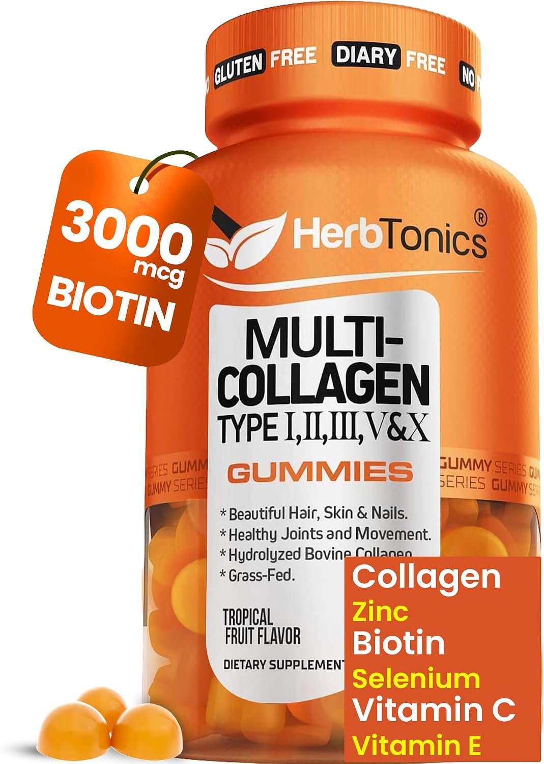 Herbtonics Multi Collagen Gummies with Biotin & Vitamin C, Hydrolyzed Collagen Peptides Types I, II, III, V, X for Hair, Skin, Nails, & Bone Support – New & Improved Tropical Flavor, 60 Gummies