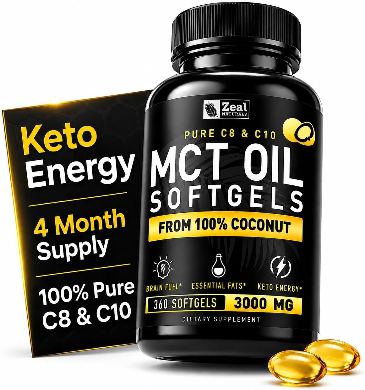 Zeal Naturals Pure MCT Oil Capsules – 3000mg, 360 Softgels |C10, C8 MCT Oil Unrefined Coconut | Energy Support & Brain Fuel Supplement | Gluten-Free