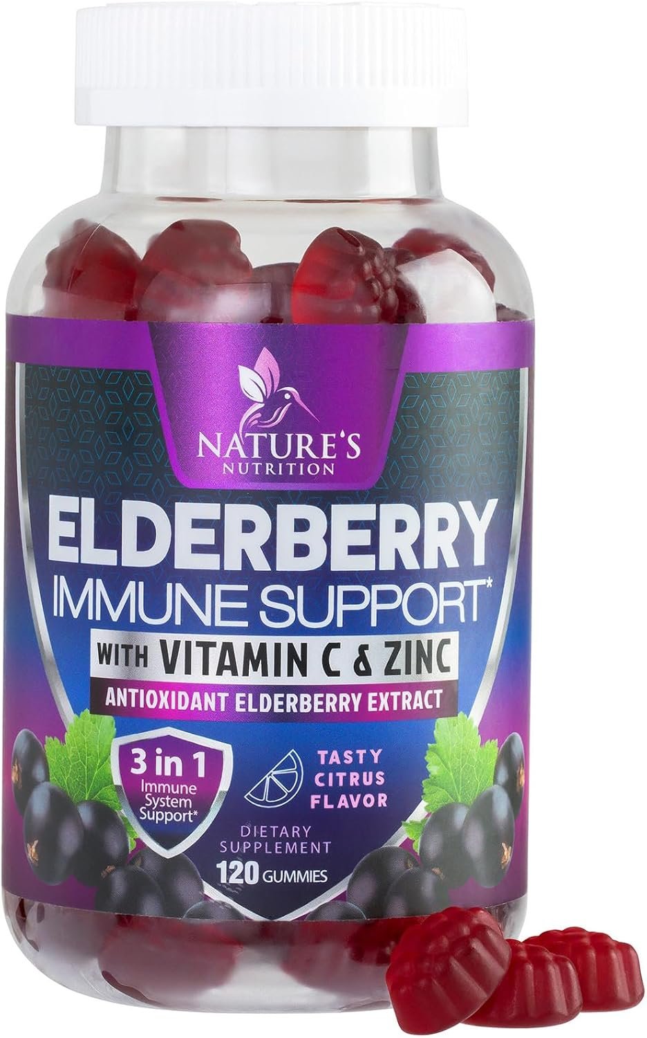 Elderberry Immune Support Gummies 100mg – 3X Strength Sambucus Elderberry Gummy with Vitamin C, D3 & Zinc – Natures Black Elderberry Extract, Immune Support Supplement for Adults & Kids – 120 Gummies