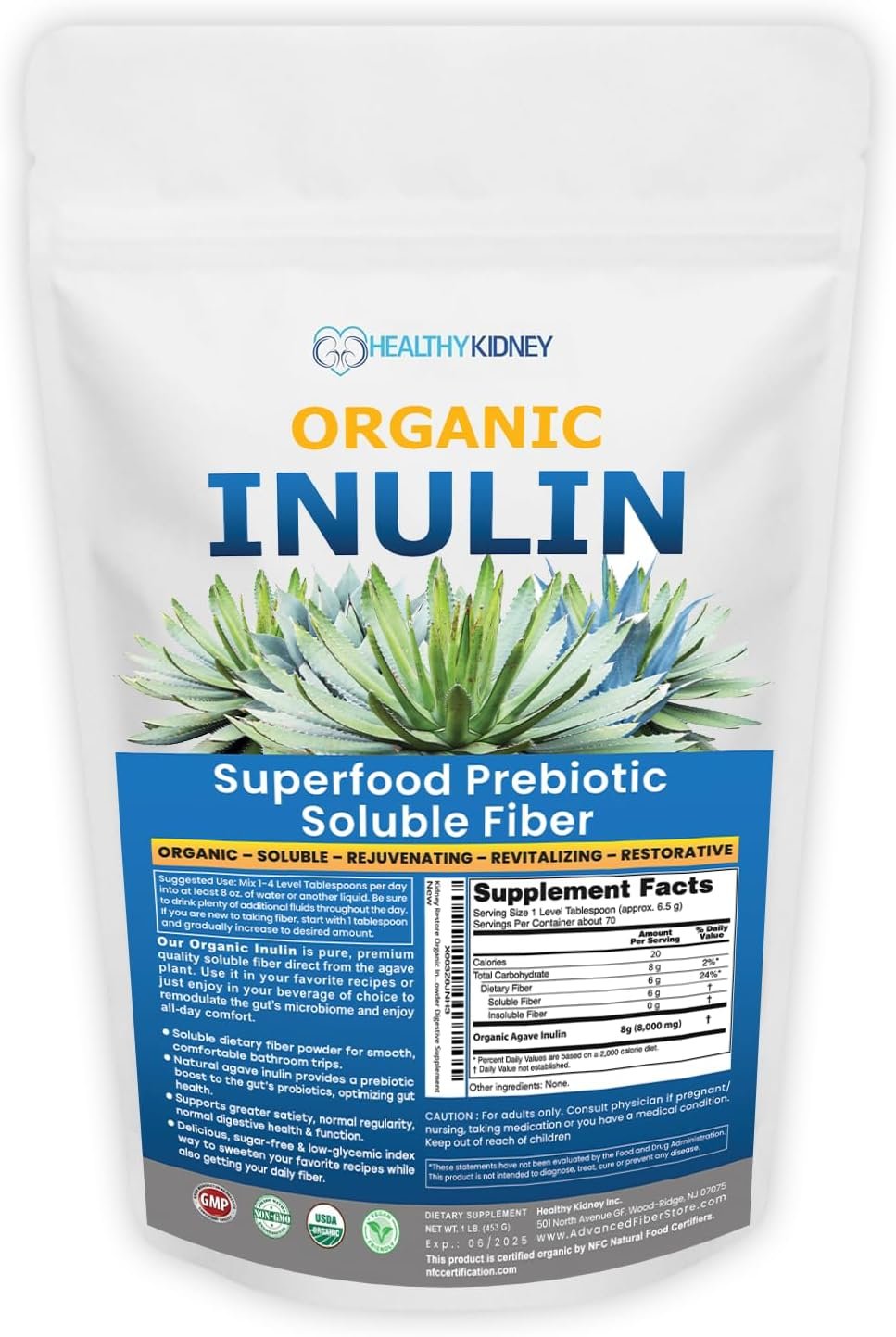 Organic Inulin Powder (16oz/1lbs) Gentle Agave Inulin Prebiotic Soluble Fiber Supplement for Digestive Support, Gut Health, Vegan Baking, Smoothies & Drinks