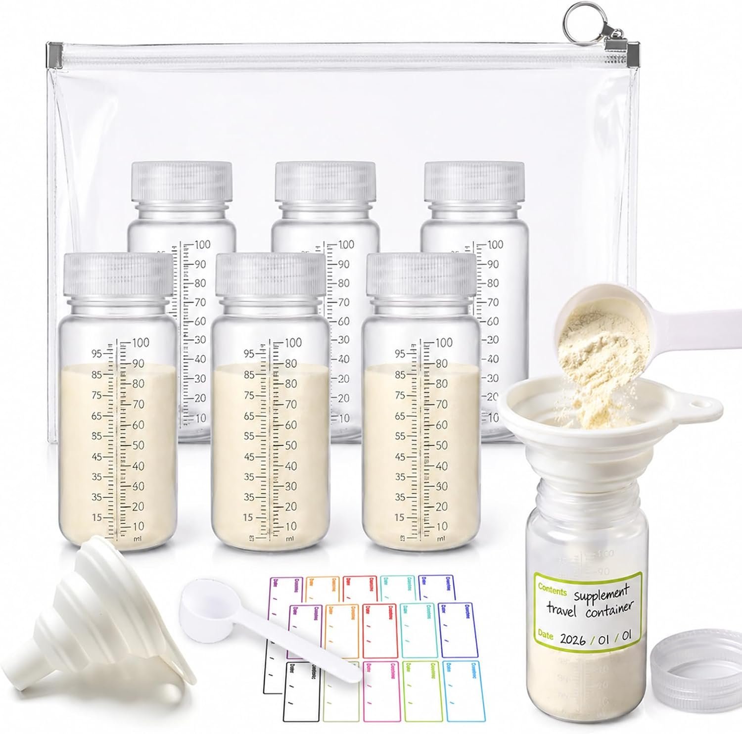 Protein powder travel container, 6 Pack 100ml Reusable Bottles with Funnel, Labels, Storage Pouch & 5g Scoop, Portable Supplement Storage for Gym & Trips