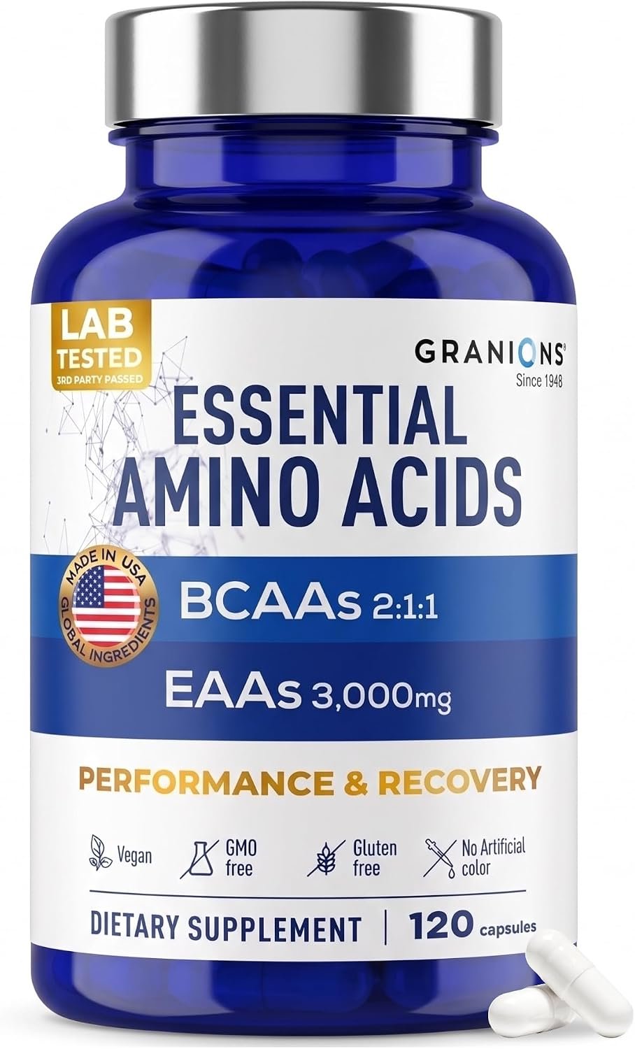 Essential Amino Acids Supplement for Men & Women – All 9 BCAAs EAA Supplements – Leucine Amino Acid, Lysine, Tryptophan, Advanced Amino Complex for Energy & Muscle Recovery – 120 Vegan BCAA Capsules
