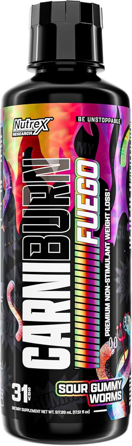 Nutrex Research Carniburn Liquid L Carnitine 3000mg – Thermogenic Liquid Fat Burner for Men & Women with MitoBurn, InnoSlim, GBBGO – Stimulant Free Metabolism Booster – Sour Gummy Worms 31 SV