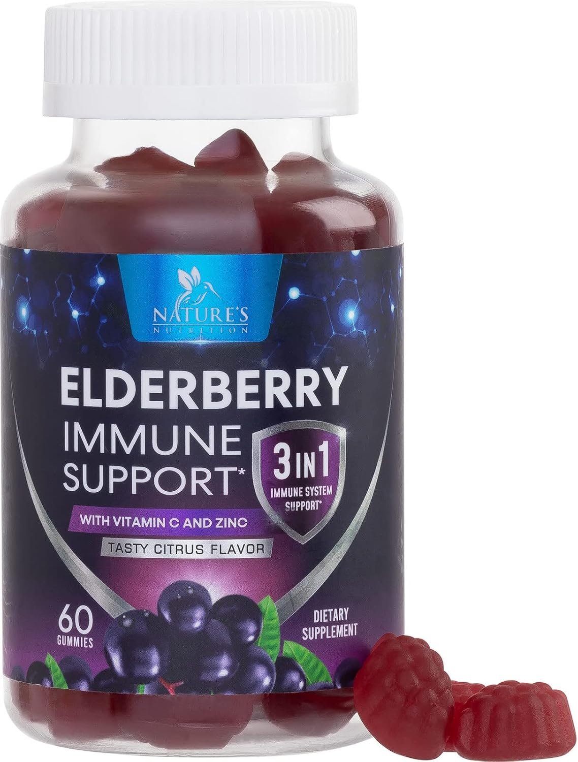 Elderberry Immune Support Gummies 100mg – 3X Strength Black Elderberry Gummy with Vitamin C, D3 and Zinc – Immune Support Supplement Gummy for Kids & Adults, Black Elder Berry Vitamins – 60 Gummies