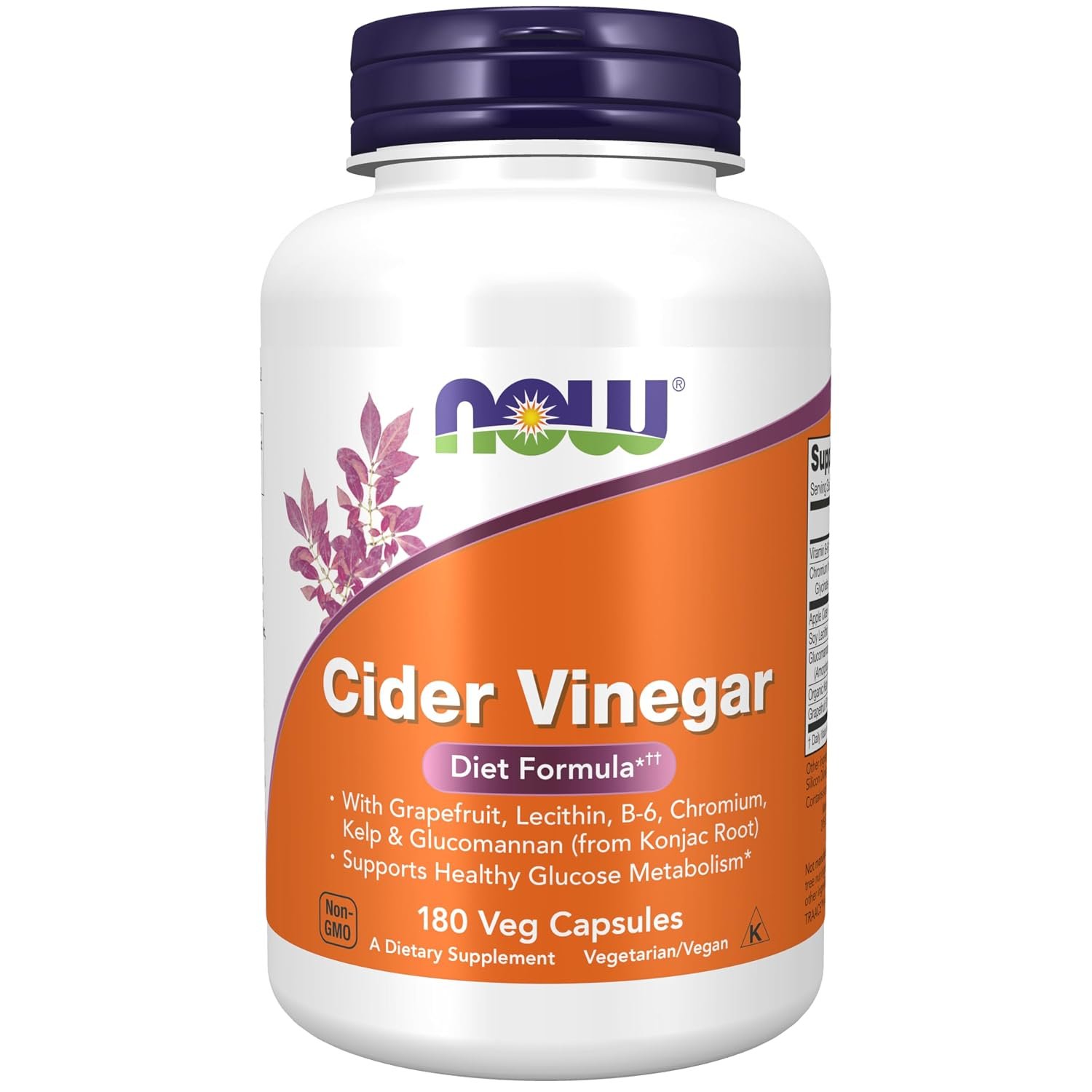 NOW Supplements, Cider Vinegar, with Grapefruit, Lecithin, B-6, Chromium, Kelp & Glucomannan (from Konjac Root), 180 Veg Capsules