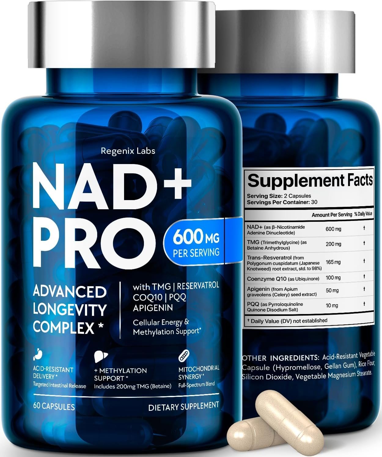 NAD Supplement 600mg for Men and Women with Resveratrol, CoQ10, PQQ, TMG and Apigenin – 6-in-1 Cellular Energy and Longevity Complex – Acid-Resistant Capsules, 60 Count