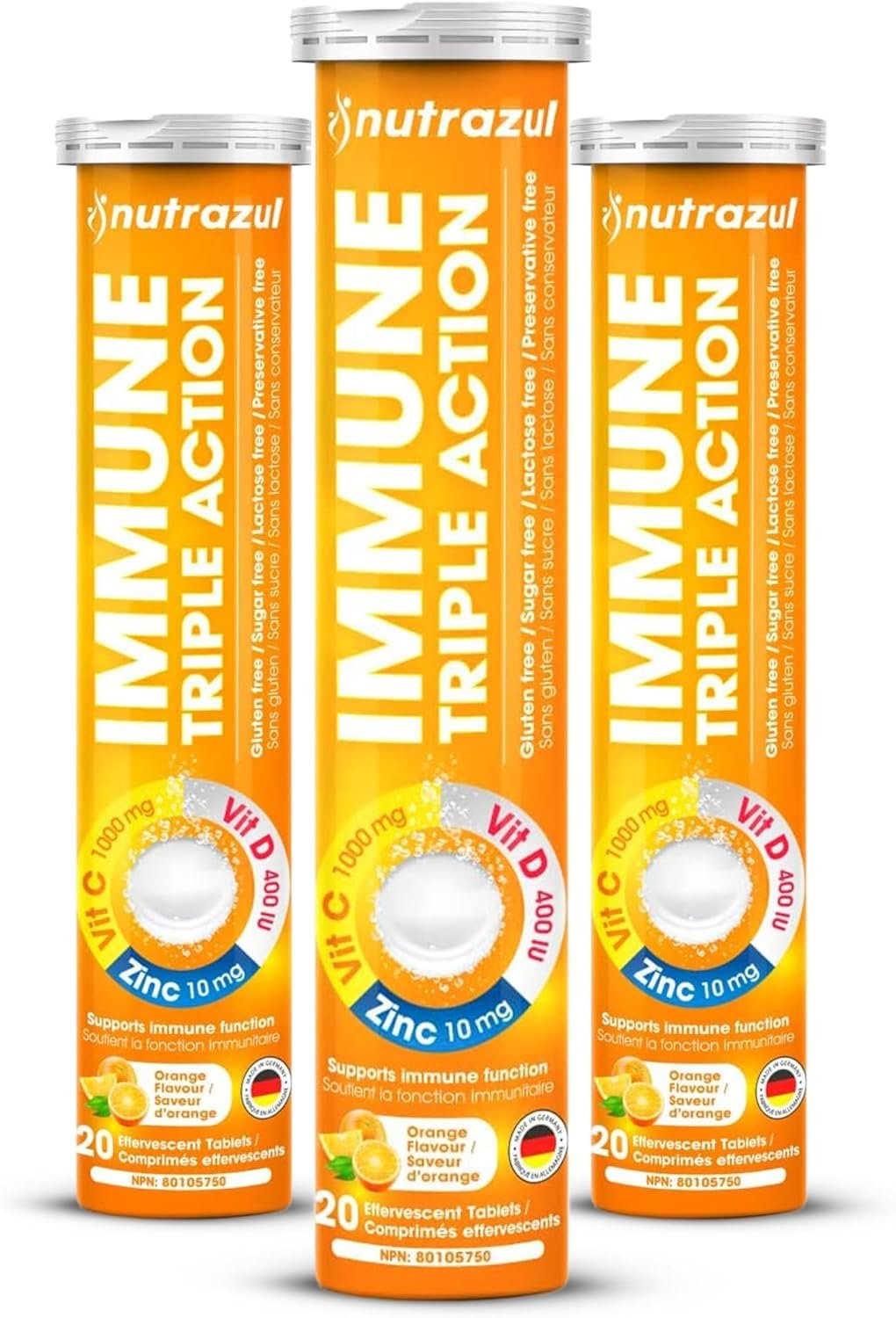 nutrazul Immune Triple Action Effervescent Tablets with Vitamin C 1000mg, Vitamin D, Zinc, Support Daily Routine, Gluten-Free, Sugar-Free, Lactose-Free, Orange Flavor, 20 Tablets, (Pack of 3)