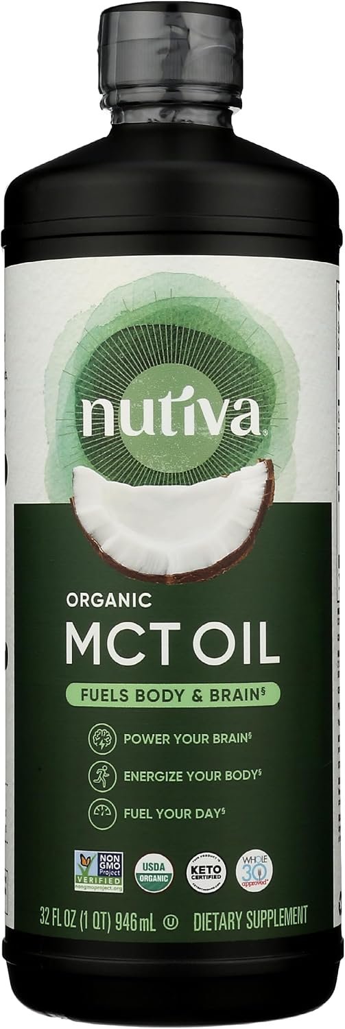 Nutiva Organic MCT Oil, Unflavored, 32 Oz, USDA Organic, Non-GMO, Non-BPA, Whole 30 Approved, Vegan, Gluten-Free & Keto, 14g MCT per Serving & Neutral Flavor for Energy Boost to Coffee, Shakes and Salads