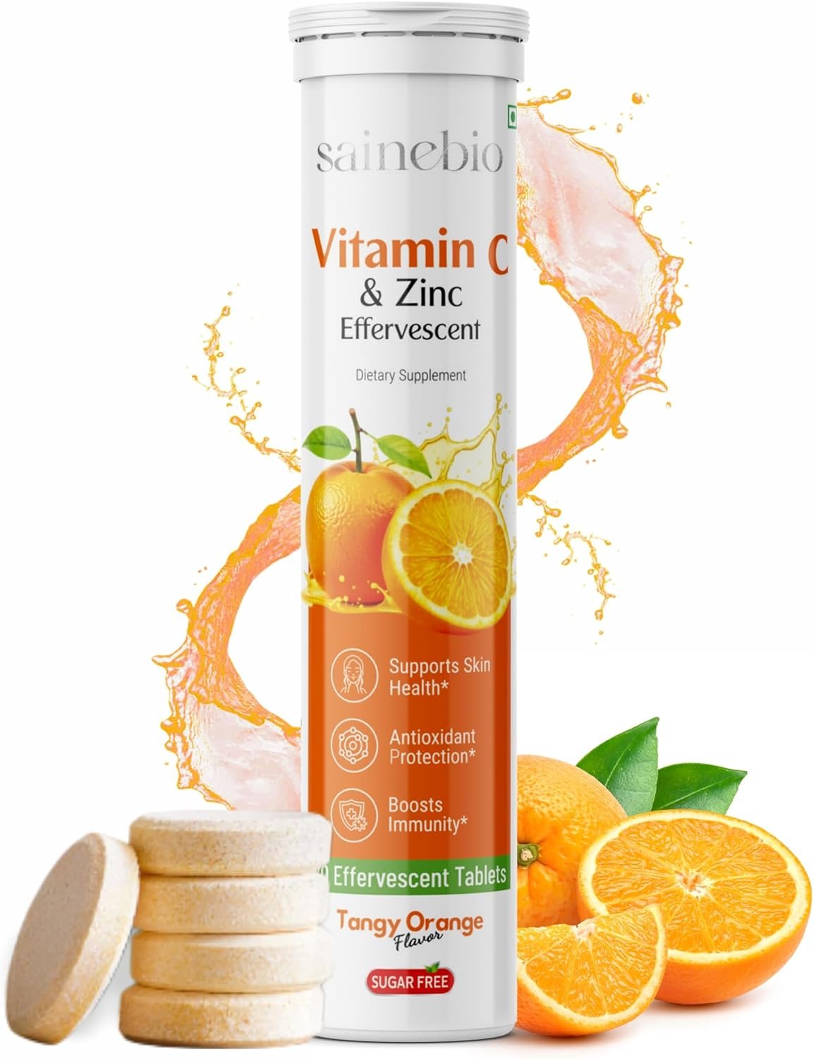 Vitamin C 1000mg Effervescent Tablets – Potent Immunity Booster with Zinc 10mg Supplement – Sugar-Free & 100% Vegetarian Formula | Fizzy Drink, Tangy Orange Flavor – 20CT (Pack of 1)