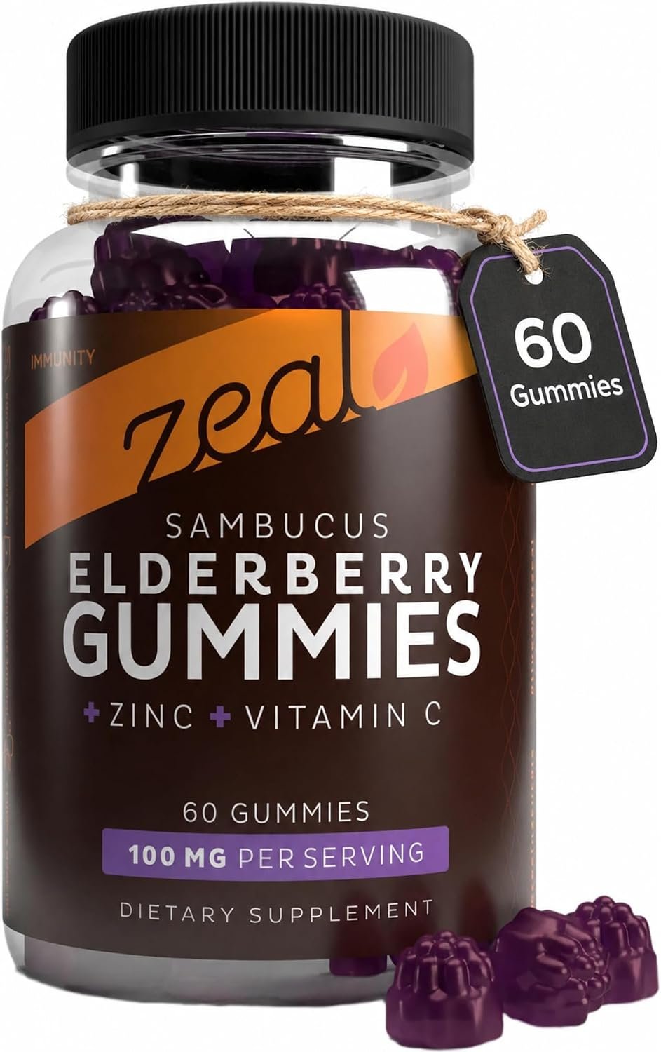 Zeal Naturals Elderberry Gummies for Adults and Kids, Sambucus Black Elderberry with Zinc and Vitamin C, Immune Support Gummies, 60 Count