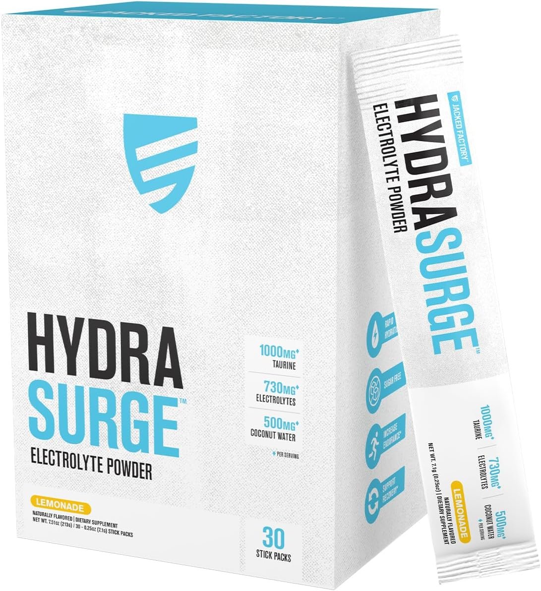 Jacked Factory Hydrasurge Electrolytes Powder Packets – Sugar Free & Naturally Sweetened Hydration Packets – Keto & Vegan Friendly, Easily Dissolves – 30 Stick Packs, Lemonade