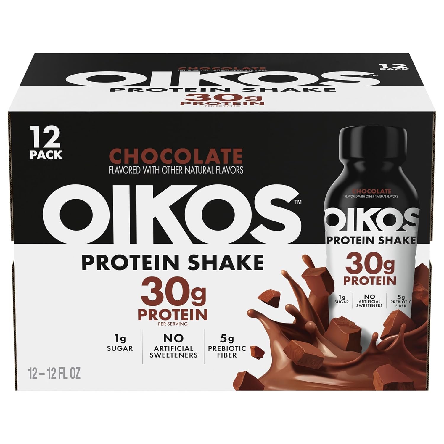 Oikos Protein Shake, Chocolate, 30g High Protein Drinks, Shelf Stable, Ready to Drink, 5g Prebiotic Fiber, 12 fl oz Bottle, 12 Count​