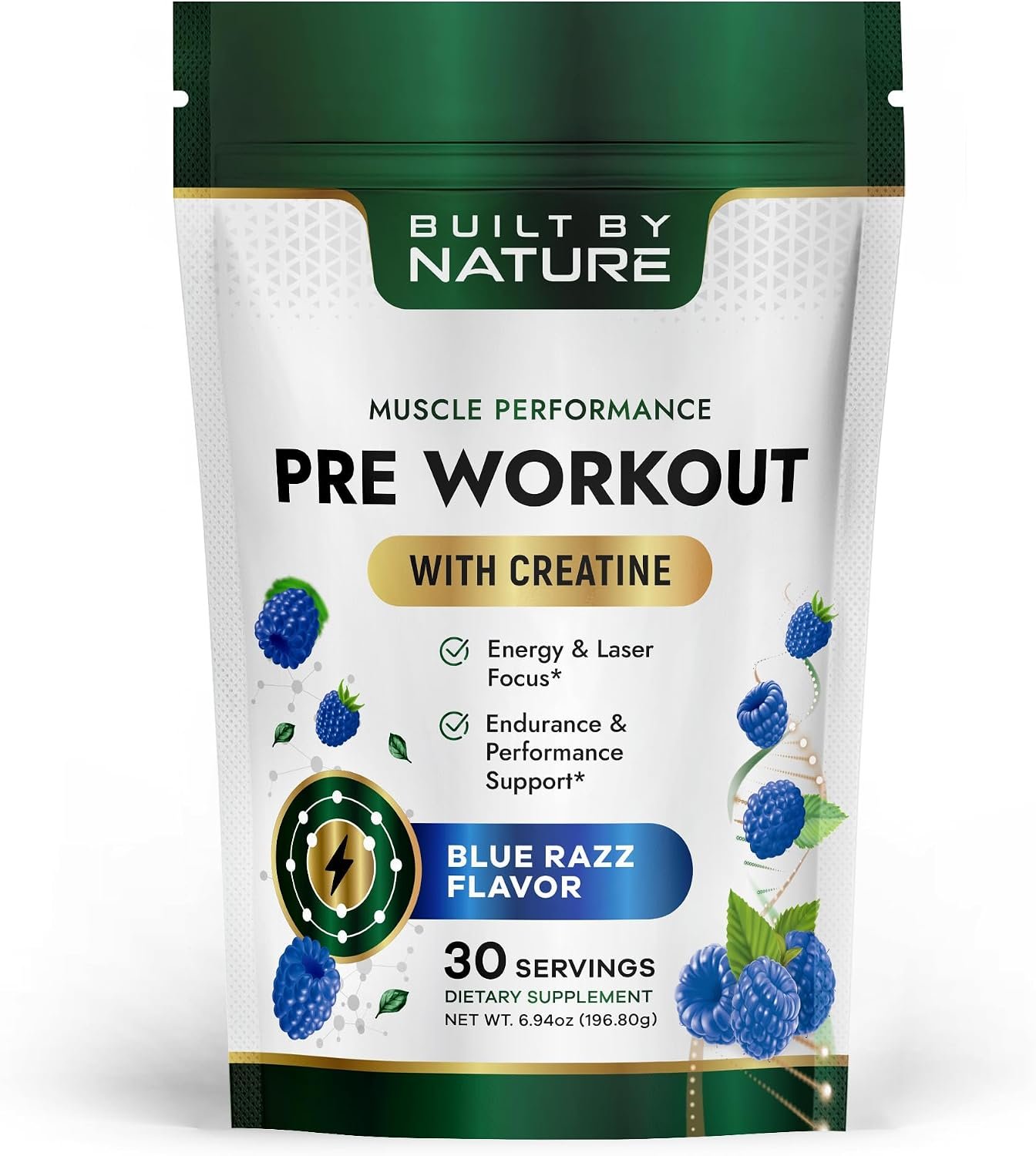 Built by Nature Pre Workout Powder for Men & Women, Blue Razz, 30 Servings with Creatine, Energy & Focus, Pumps, Sports Nutrition Supplement