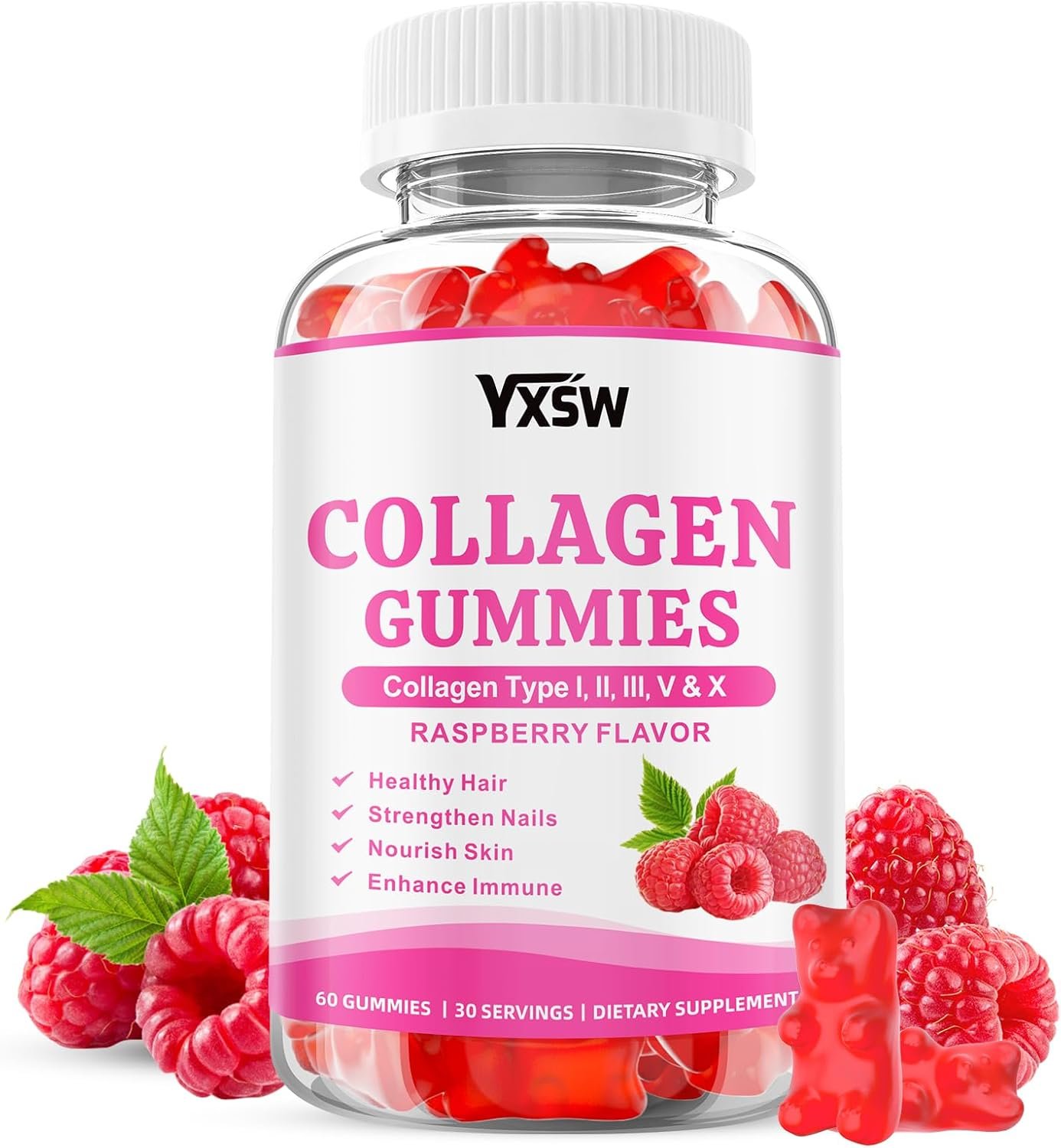 Collagen Gummies for Women Men, Hydrolyzed Collagen Protein Type I II III V X with Biotin Vitamin C A B D E Hyaluronic Acid for Hair, Skin, Nails, Joint, Immune Support, Raspberry Flavor, 60 Count