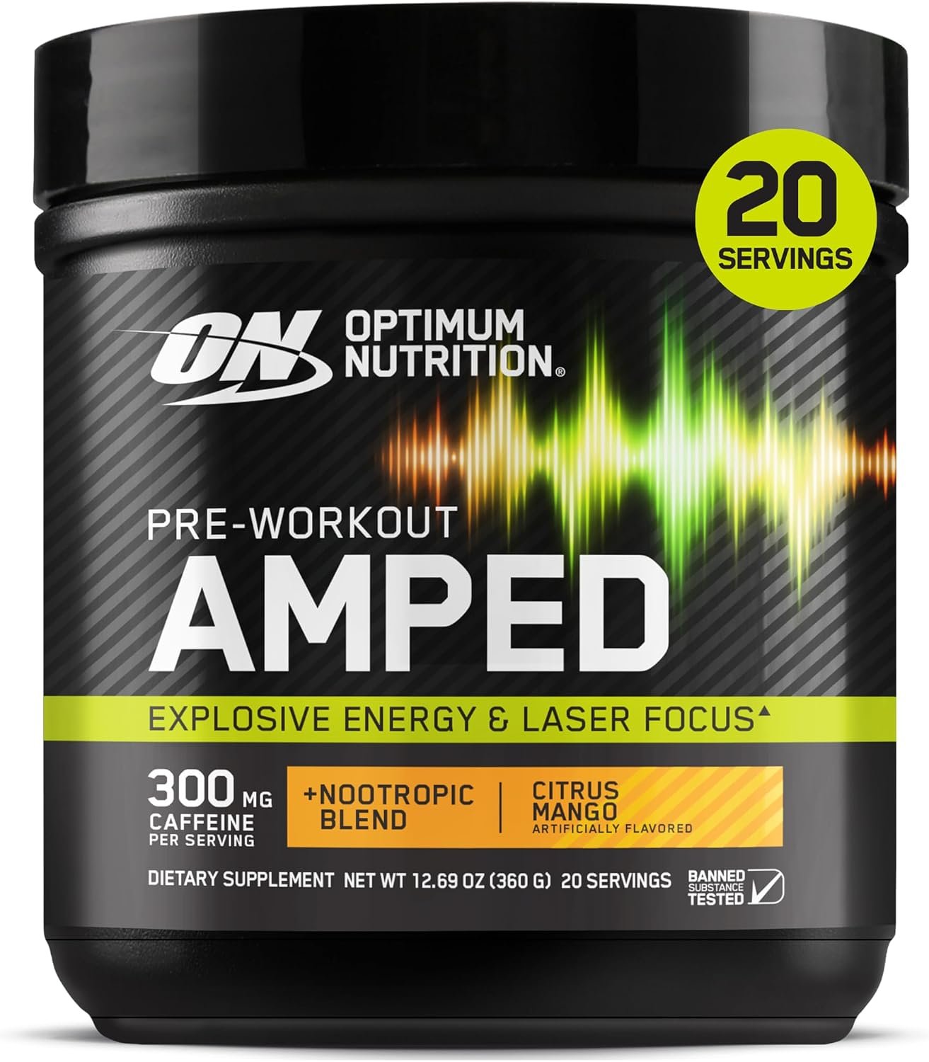 Optimum Nutrition Amped Pre-Workout Powder, Citrus Mango, 12.69 Oz