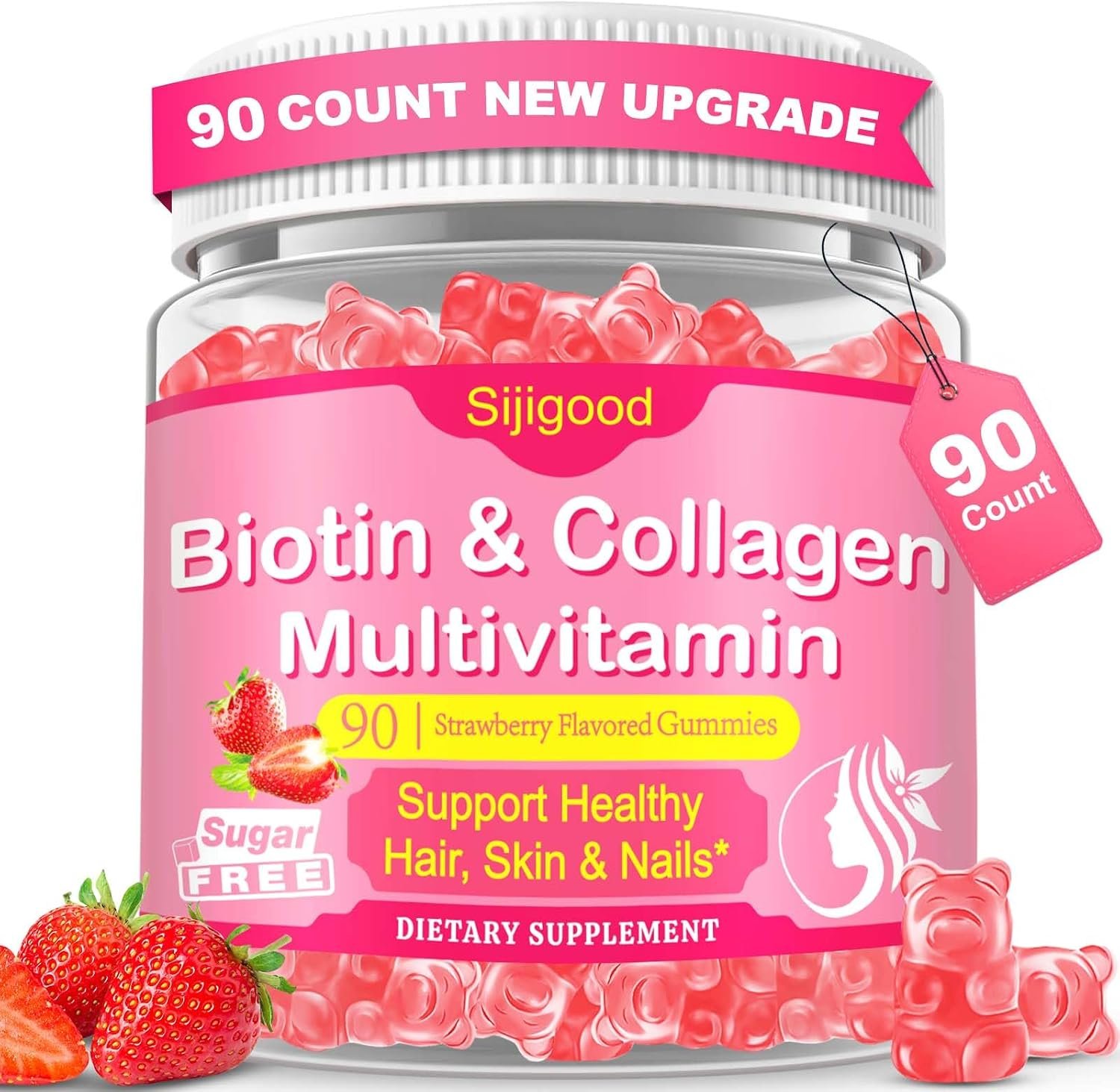 90 Count | Collagen Peptides Gummies for Women Men, Multi Collagen Hydrolyzed Protein Type I,II,III,V,X, Biotin, Vitamin C B12 D A E for Skin Hair Nails, Bone, Sugar Free