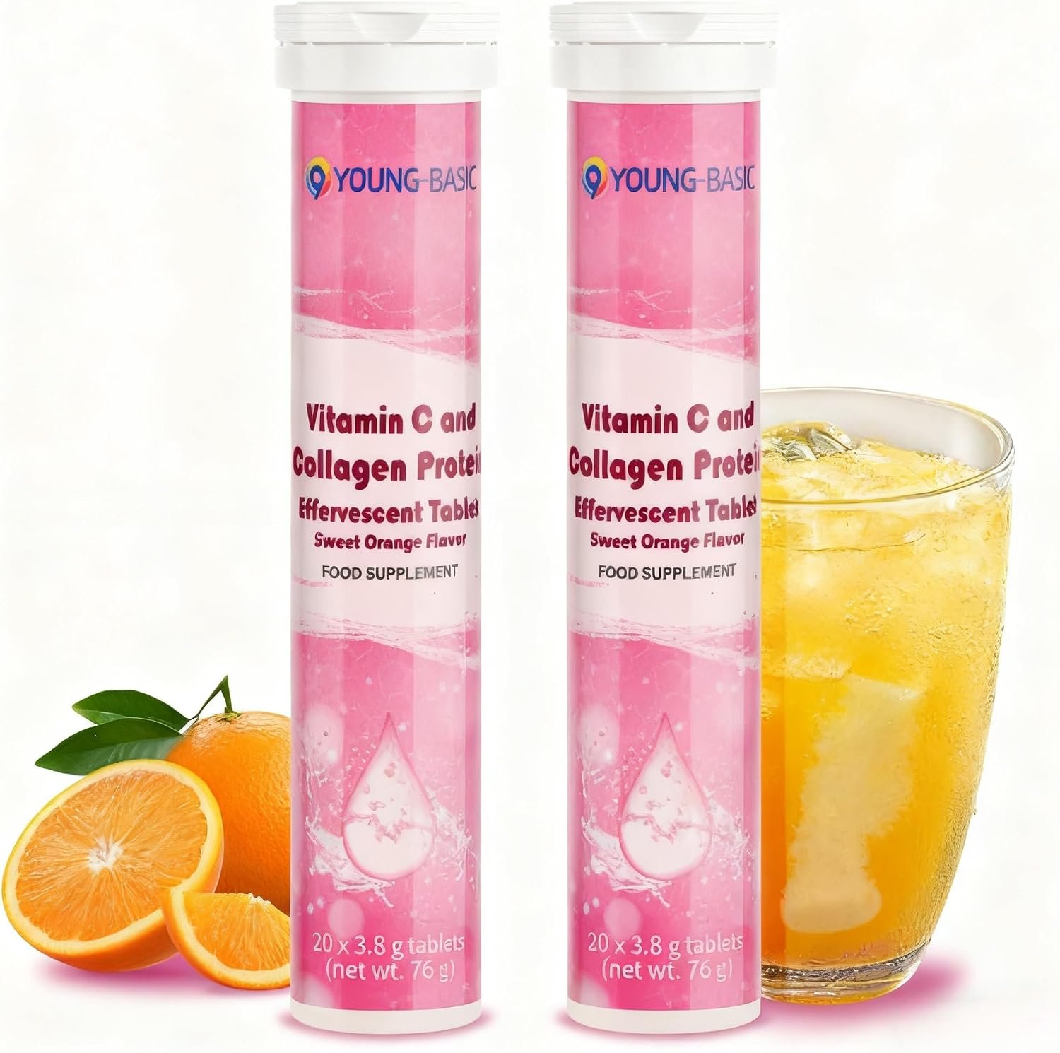Vitamin C Effervescent Tablets with Collagen, Potent Immune Support VIT C with Collagen Supplement, Antioxidants Skin Radiance, Dissolvable Vitamin C 40 Tablets (Pack of 2), Sweet Orange Flavor