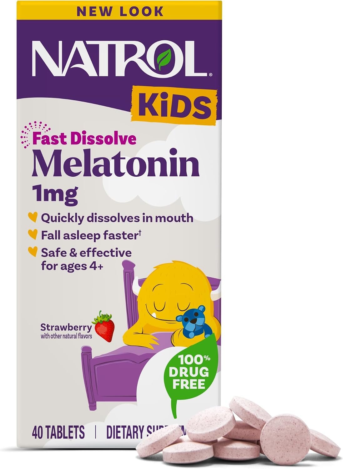 Natrol Kids Fast Dissolve Melatonin 1 mg, Sleep Aid, Strawberry, 40 Tablets