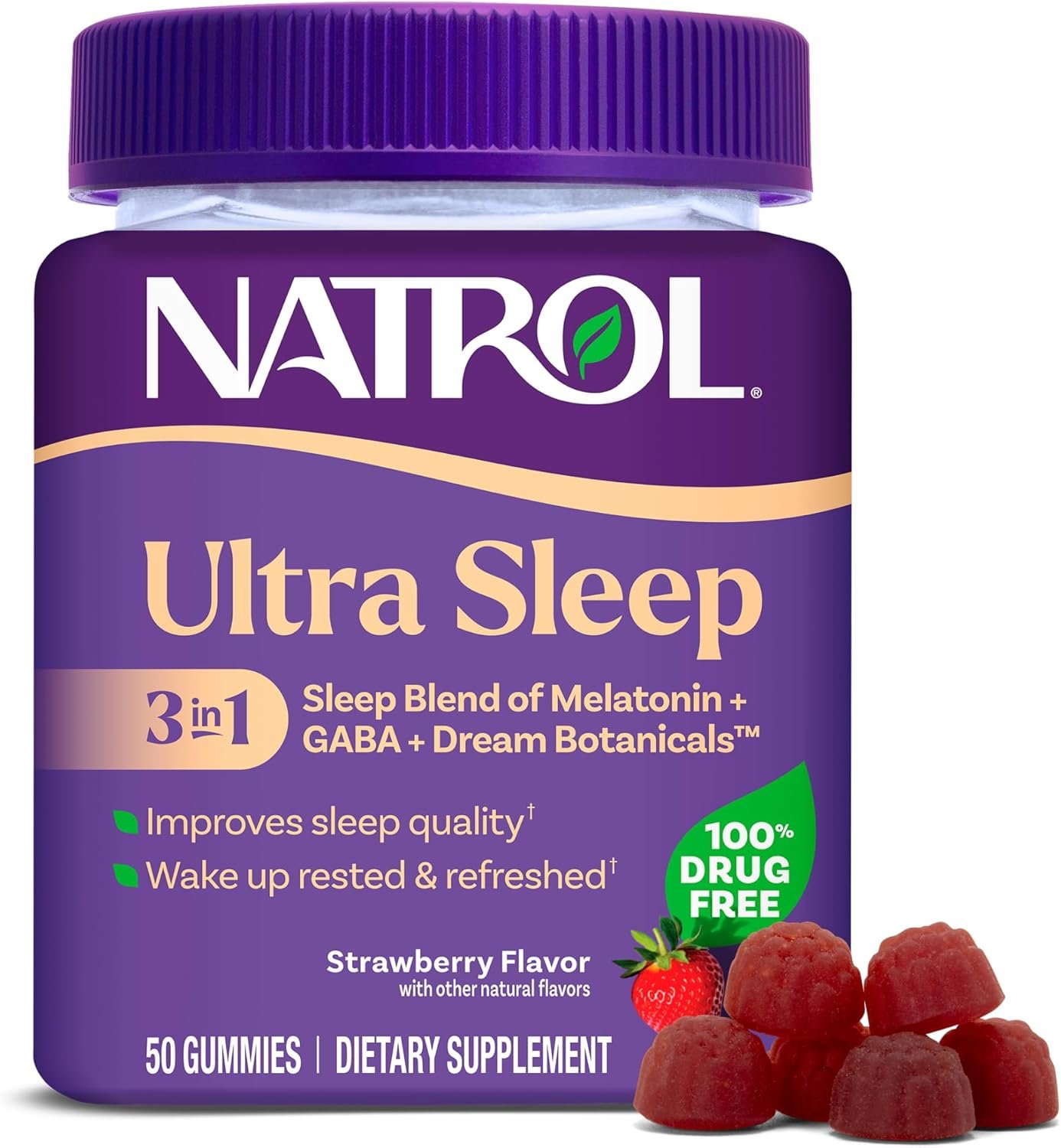 Natrol Ultra Sleep 3-in-1, 5mg Melatonin, GABA & Botanicals, 50 Gummies