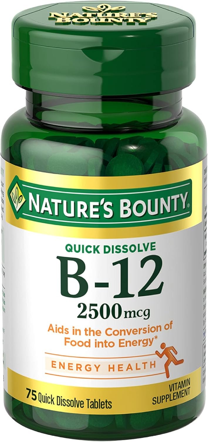 Nature’s Bounty Vitamin B12 2500 mcg, Cellular Energy Support, for Energy Metabolism, Heart & Nervous System Health, 75 Quick Dissolve Tablets