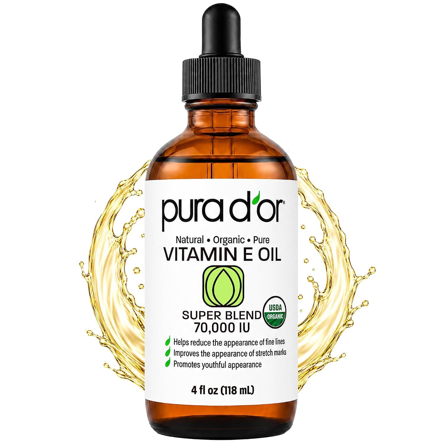 PURA D’OR ORGANIC Vitamin E Oil 70,000 IU Blend for Skin & Face, 4oz