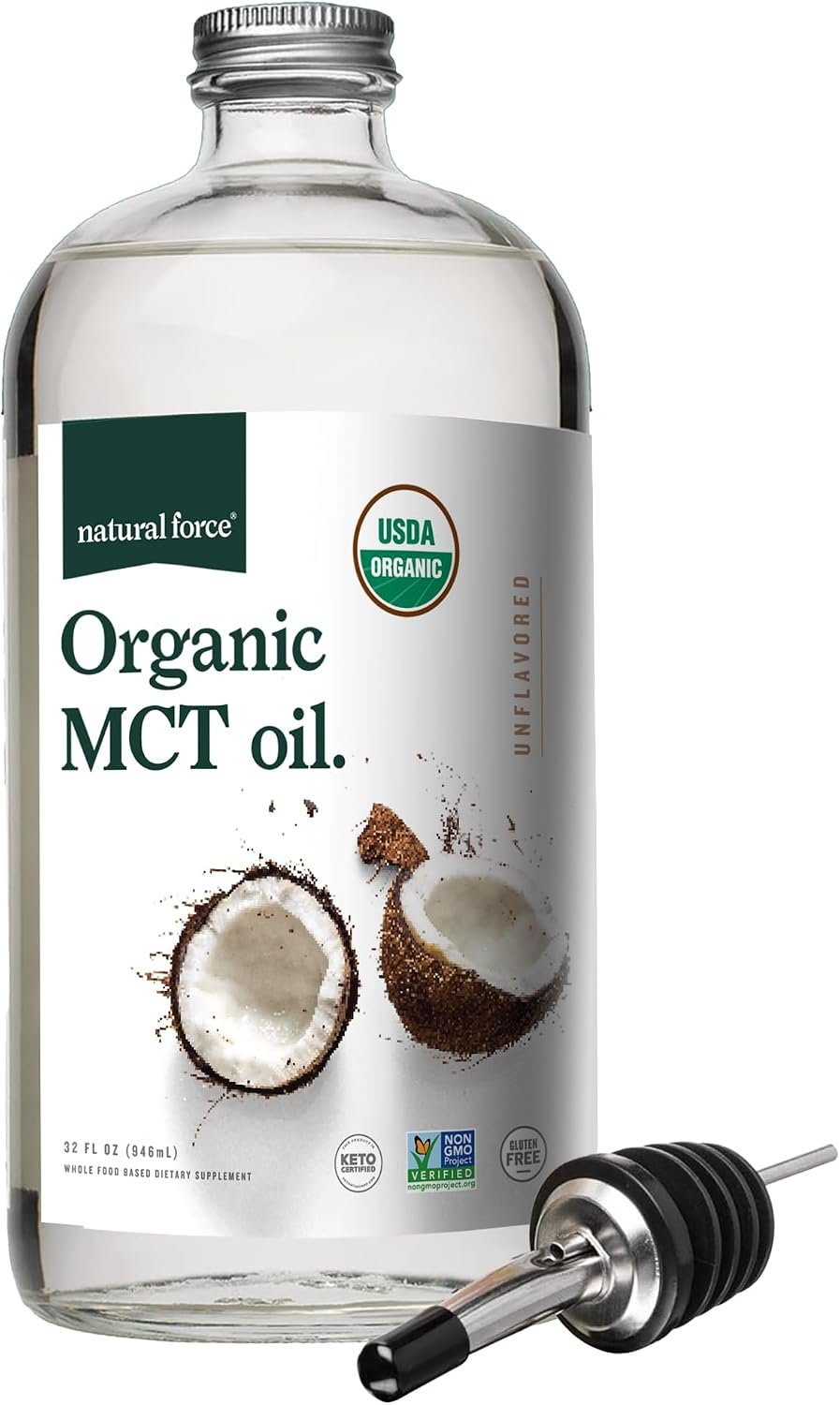 Natural Force Organic MCT Oil – Pure Glass Bottle – Made from 100% Virgin Coconut Oil + Certified Keto, Paleo, Kosher, Vegan & Non-GMO – Lab Tested for Quality and Purity – 32 Ounce