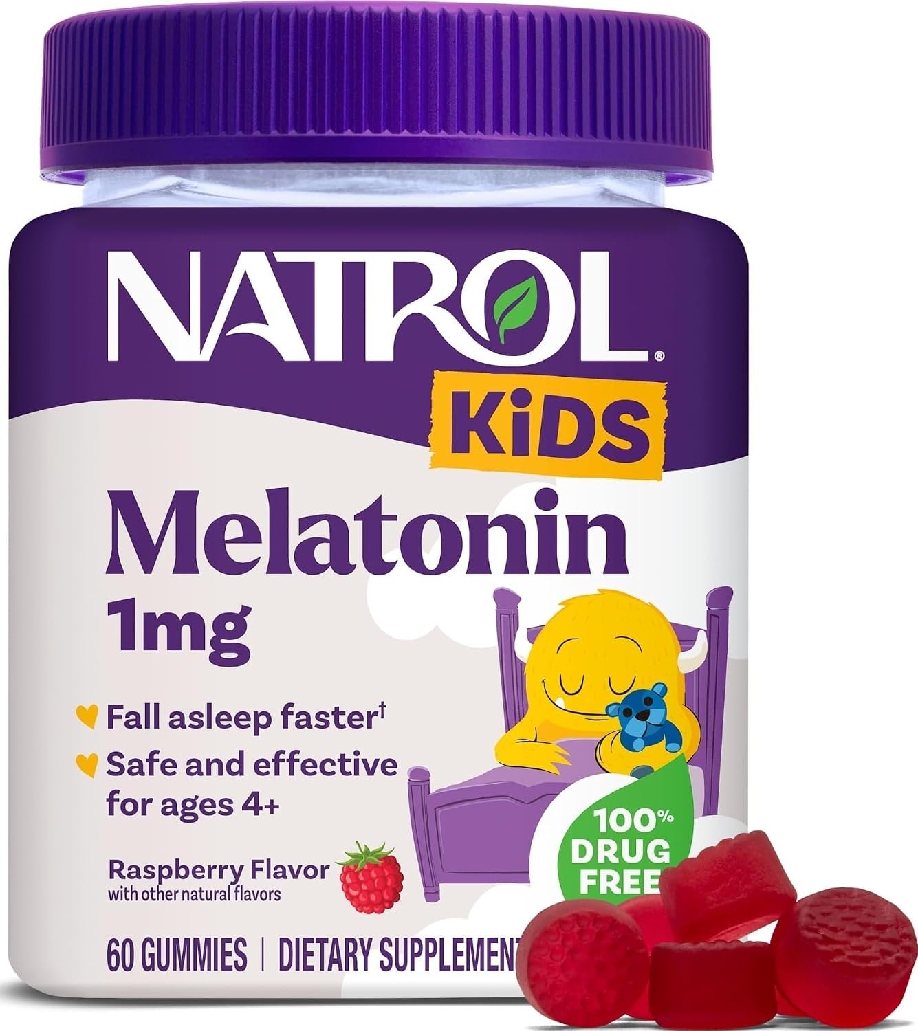 Natrol Kids Melatonin Gummies 1mg, for Restful Sleep, 60 Raspberry Gummies