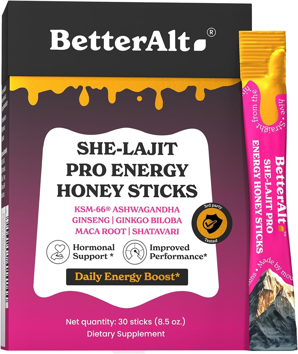 Better Alt She-Lajit Pro Energy Honey Sticks | KSM-66 Ashwagandha, Ginseng, Ginkgo Biloba, Maca Root & Shatavari Blend | Daily Wellness Support | 30 Sticks